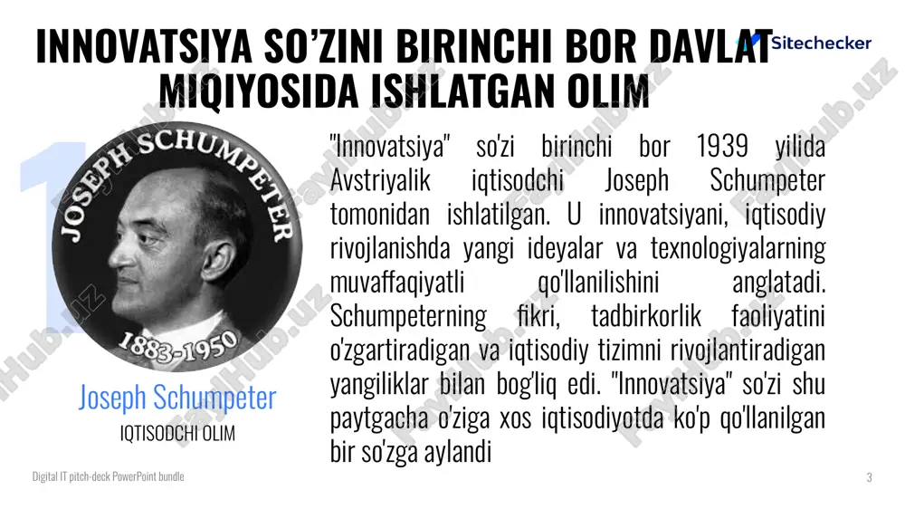 o'ynaydi. quyidagi sabablar innovatsiya siyosatining davlat uchun moxiyati ko'rsatiladi: iqtisodiy rivojlanish: innovatsiya, yangi mahsulotlar va xizmatlar yaratish, ishlab chiqarish usullarini rivojlantirish va yangi bozorlar ochish orqali davlatning iqtisodiy rivojlanishini ta'minlaydi. innovatsiyalar, yangi biznes sohalarini yaratish va mehnat bilan ko'rsatiladigan efektivlikni oshirish imkoniyatlarini yaratish orqali daromad oshirishga yordam beradi. rivojlanayotgan sohalarda muvaffaqiyat: innovatsiyalar, yangi sohalarda bo'lgan rivojlanishni oshiradi va davlatni xalqaro tashkilotlar va tijoratlar o'rtasida muvaffaqiyatga olib kelishi uchun asosiy rol bo'ladi. rivojlanayotgan sohalarda innovatsiya siyosati bilan bog'liq boshqa davlatlar bilan hamkorliklar tuzilishi va yangi hamkorliklar o'rnatilishi mumkin. texnologik rivojlanish va ish joylarining rivojlantirilishi: innovatsiya, yangi texnologiyalar va ish joylarini rivojlantirishda juda qo’l keladi. bu, davlatning korxona va soha boshqaruvini yaxshilash, ish o'rinlarini va yaxshi shart-sharoitlarni yaratishni o'z ichiga oladi. digital it pitch-deck powerpoint bundle xalq bilan tashqi munosabatlar o'rnatish: innovatsiya siyosati, xalqning qatnashishi va fikrlashishi uchun imkoniyatlar yaratadi. xalq bilan o'zaro munosabatlar o'rnatilishi, xalqning innovatsiyalarni o'rganish va ulardan foydalanishga ishlab …
