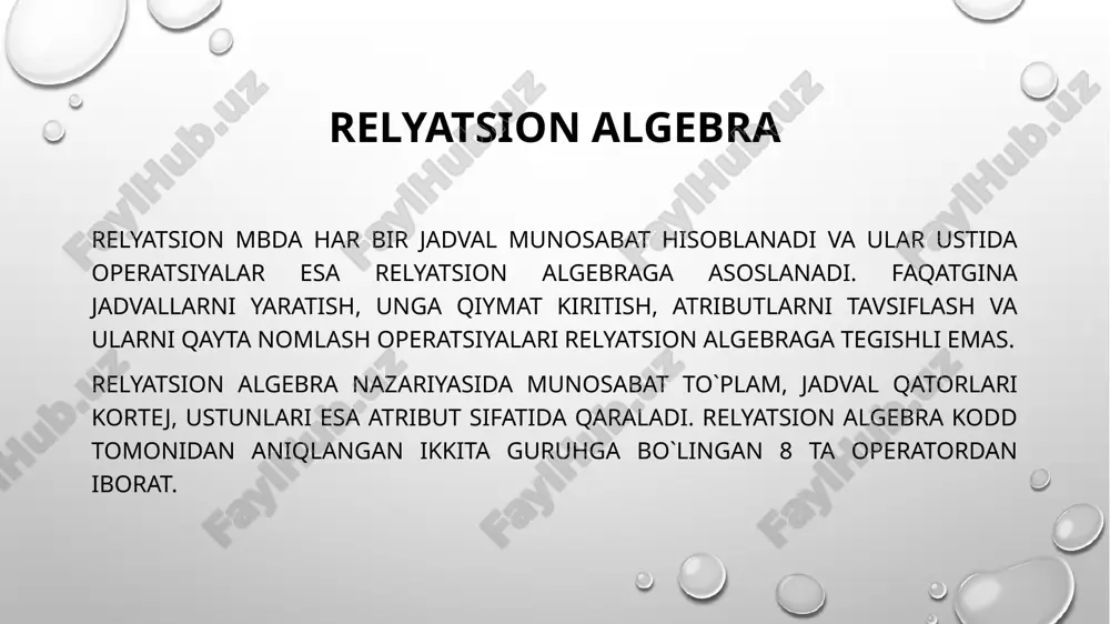 im. 1-misol sexlardan avvalgi oylarda olingan yangi mahsulotlar haqida kelgan hisobotlarni birlashtirish lozim. u “mahsulot chiqarish” umumiy jadvaliga o`xshash quyidagi ma`lumotlardan tashkil topgan: “sex nomeri”, “mahsulot kodi”, “chiqarilgan sana”, “soni”. hisobotlarni birlashtirish uchun: mahsulot chiqarish (sex nomeri, mahsulot kodi, chiqarilgan sana, soni) kortejiga yangi mahsulot (sex nomeri, mahsulot kodi, chiqarilgan sana, soni) kortejlari qo`shiladi. 2-misol munosabatlar kesishuvini cheklov va tasvir (proektsiya) operatsiyalarinig bajarilishi orqali ko`ramiz. bizda atributlari o`zaro mos tushuvchi munosabatlar mavjud bo`lsin, ya`ni: imtihon vedomosti(guruh, zachetka (reyting daftarcha), talaba f.i.o., fan, sana, baho). guruh sinov talaba f.i.o. fan sana baho 1 1 karimov i.b. informatika 15.02.2013 a`lo 1 2 olimov s.t. informatika 15.02.2013 qoniqarli 1 3 sobirov u.s. informatika 15.02.2013 qoniqarli guruh sinov daf talaba f.i.o. fan sana baho 1 1 karimov i.b. matematika 17.02.2013 yaxshi 1 2 olimov s.t. matematika 17.02.2013 qoniqarli 1 5 alieva g.g. matematika 17.02.2013 a`lo guruh sinov daf. talaba f.i.o. fan sana baho 1 …