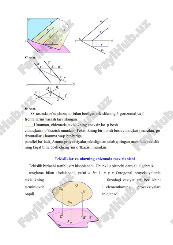yalar o’qlari bilan ixtiyoriy burchak hosil qiladi. agar biror p tekislik proyeksiyalar tekisliklari bilan bir xil burchak hosil qilsa, uning ph ph va pv izlari ox o’qi bilan bir xil burchak hosil qiladi (4.3,b-rasm). tekislikning bosh chiziqlari tekislikning bosh chiziqlariga uning gorizontal va frontal chiziqlari kiradi. tekislikning gorizontali ta‟rif. tekislikka tegishli to’g’ri chiziq h tekisligiga parallel bo’lsa, bu to’g’ri chiziq tekislikning gorizontali deyiladi. bunda hp hamda h∥h bo’lsa, h to’g’ri chiziq p tekislikning gorizontal chizig’i bo’ladi. chizmada tekislik gorizontalining frontal proyeksiyasi ox ga parallel, ya‘ni h″∥ox bo’ladi, tekislik gorizontalining gorizontal proyeksiyasi esa tekislikning ph iziga parallel, ya‘ni h′∥ph bo’ladi (4.4-rasm). 4.4 - rasm tekislikning frontali ta‟rif. tekislikka tegishli to’g’ri chiziq v tekisligiga parallel bo’lsa, bu to’g’ri chiziq tekislikning frontali deyiladi. bunda fp hamda f∥v bo’lsa, f to’g’ri chiziq p tekislikning frontal chizig’i bo’ladi. 4 . 5 - rasm chizmada tekislik frontalining gorizontal proyeksiyasi proyeksiyalar o’qi ox ga parallel bo’ladi, ya‘ni …