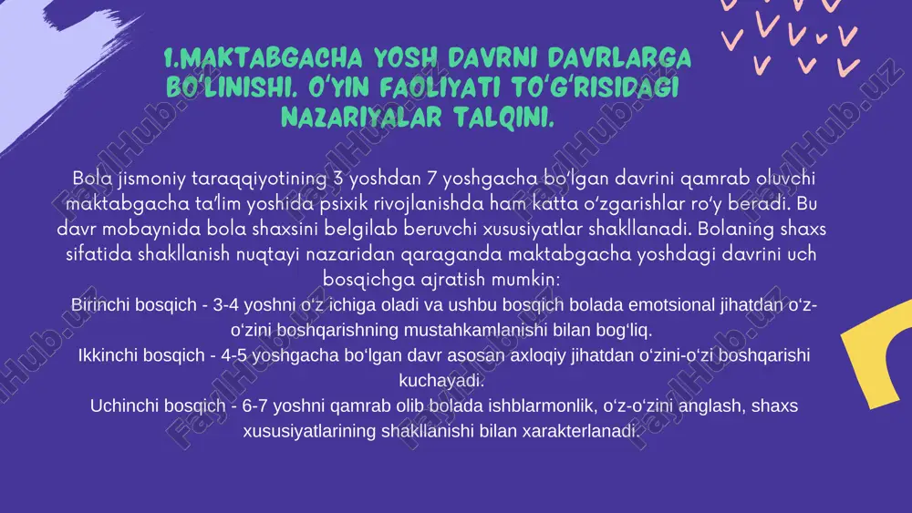 oradi, 3-7 yoshli bolalarning psixik rivojlanishida badiiy-ijodiy faoliyat turi bo‘lgan musiqaning ahamiyati ham juda kattadir. musiqa orqali bolalar ashula aytishga, musiqa ohangiga mos ritmik harakatlar qilishga o‘rganadilar. 3-7 yoshlik davrida bolalarning asosiy faoliyati quyidagi ketma-ketlikda kechadi: - predmetlarni o‘rganishi; - individual predmetli o‘yinlar, jamoa syujetli-rolli o‘yinlar; - individual va guruhiy ijod; - musobaka o‘yinlari; - muloqot o‘yinlari; - uy mehnati. bog‘cha yoshidagi bolalarning o‘yin faoliyatlari haqida gapirar ekanmiz, albatta ularning o‘yinchog'i masalasiga ham to'xtab o‘tish kerak. bolalarga o‘yinchoqlarni berishda ularning yosh xususiyatlarini, taraqqiyot darajalarini va ayni paytda ularni ko‘proq nimalar qiziqtirishini hisobga olish kerak. jamoaviy o’yinlarning bola psixologiyasiga ta’siri. bolalar o‘yin faoliyatining yana bir xususiyati, o‘yinning umumiylik xarakteriga ega bo‘lishidir. bola o‘zining turli-tuman o‘yinlarida faqat o‘ziga tanish bo‘lgan yolg‘iz bir kasb egasining emas umuman haydovchilarning, militsionerlarning, tarbiyachilarning, uchuvchilarning xatti-harakatlarini aks ettiradi. albatta, turmush tajribasi va faoliyat doirasi ju- da cheklangan kichik yoshdagi bolalar (ba’zan kichik guruh bolalari ham) o‘zlarining o‘yinlarida …