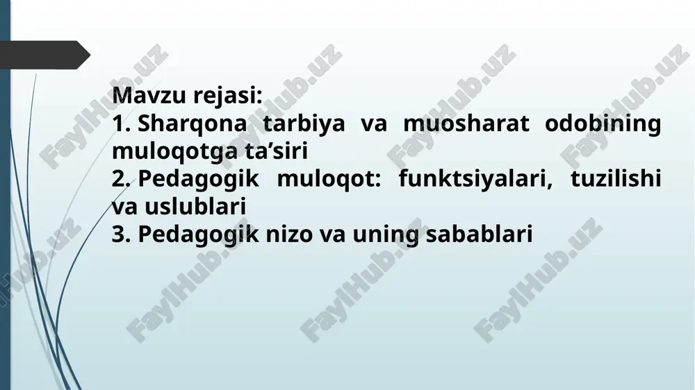 yo‘naltiruvchi eng muhim vosita, bunda o‘qituvchining muhim fazilati, uning muloqot madaniyatiga asoslangan muomalasidir. muomala barcha falsafiy va psixologik fanlarda o‘ziga xos ta’rifga ega. pedagogikaning kategoriyasi sifatida muomala o‘quvchilar qalbiga yo‘l topa olish, ularga yondashish uchun mehrini qozonish, pedagogik nuqtai nazardan ta’lim-tarbiya jarayonida o‘quvchilar bilan o‘zaro aloqa bog‘lashga qaratilgan o‘qituvchining pedagogik qobiliyatidir. o‘qituvchi o‘quvchilar bilan muomalaga kirishish asosida: 1. o‘z ijodkorligini va pedagogik mahoratini namoyish qiladi. 2. yosh avlodni milliy mafkuramiz va milliy madaniyatimiz ruhida tarbiyalaydi. 3. sharqona udum va urf-odatlarimiz asosida barkamol shaxsni shakllantiradi. 4. o‘zining ta’lim-tarbiyaviy imkoniyatlarini namoyish etgan holda, har bir o‘quvchi qalbiga yo‘l topadi. muomala o‘qituvchi faoliyatining muhim tarkibiy qismi bo‘lib, o‘zida ulkan pedagogik imkoniyatlarni mujassamlashtiradi. pedagogik muomalada o‘qituvchi quyidagi faoliyatga qat’iy amal qilishi lozim: - o‘qituvchida tarbiyalash mahoratining shakllanganligi. uning tarbiyaviy jarayonga oid so‘z va ohangni tanlay bilishi va ta’sir o‘tkaza olishi; - muomala ob’ekti bo‘lmish o‘quvchilar diqqatini jalb qiluvchi nutq, pauza, harakat, imo-ishoralarni o‘z o‘rnida …