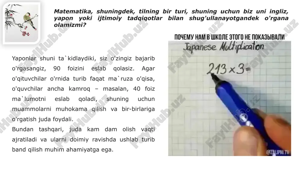 jarayonida ko'p hollarda bitta o'qituvchi har bir sinfdagi barcha fanlarni o'qitadi. bir toifadagi o'quvchilar soni odatda 40 tani tashkil qiladi. biroq, o'tmishda, aholining tezkor o'sishi tufayli, bu raqam juda yuqori, ya’ni bir sinfga 50 ta o'quvchi to'g'ri kelgan. yaponiya maktablari qanday faoliyat ko'rsatmoqda? maktablar ko'pchiligi har aprel oyidan boshlab yangi maktab yillari bilan uch muddatli tizimda ishlaydi. boshlang'ich maktabning quyi sinflari bundan mustasno, kunduzgi o'rta maktab kuni 6 soat davom etadi, bu dunyodagi eng uzun maktab kunlari deya e`tirof etiladi. maktab tugagandan keyin ham, bolalar uchun bir qancha, mashq qilish uchun masala va boshqa uy vazifalari bor. dam olish kunlari yoz faslida 6 hafta, qish va bahor faslida taxminan 2 hafta davom etadi. ushbu dam olish kunlarida ko'pincha uy vazifasi bo'ladi. yapon maktabida bolalar aynan nimani o'rganadi? ular o'qitadigan fanlar orasida yapon tili, matematika, ijtimoiy tadqiqotlar, musiqa, qo'l mehnati san’atlari, jismoniy tarbiya va uy iqtisodiyoti (oddiy pazandalik va tikuvchilik ko'nikmalarini …