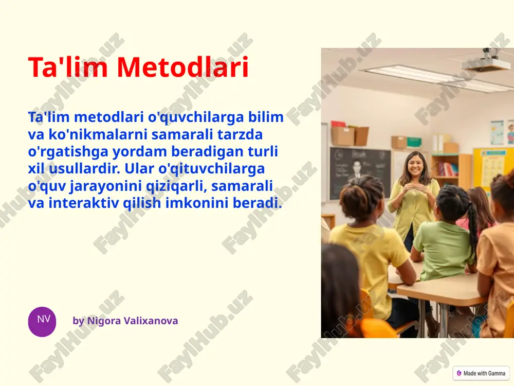ish faoliyatini tashkil etish va amalga oshirish metodlari o‘quv axborotini uzatish va idrok etish manbasiga ko‘ra o‘quv axborotini uzatish va idrok etish mantig‘iga ko‘ra o‘quvchilaming mustaqil fikrlash darajasiga ko‘ra o‘quv ishini boshqarish tavsifi bo‘yicha og‘zaki, ko‘rgazmali, amaliy induktiv, deduktiv reproduktiv. produktiv: muammoli, muammoli- izlanishli, evristik o‘qituvchi rahbarligida bajariladigan o‘quv ishi. o‘quvchilarning mustaqil ishlari. o‘quv-bilish faoliyatini motivatsiyalash va rag‘batlantirish metodlari o‘qishga qiziqishni motivatsiyalash metodlari o‘qishga burch va mas’uliyatni rag‘batlantirish metodlari bilish faoliyatini tashkil etishga doir o‘yinlar. o‘quv munozaralar. vaziyatlarni yaratish. o‘rganishning shaxsiy va ijtimoiy ahamiyatiga ishonch hosil qilish. talab qo‘yish. rag‘batlantirish. ogohlantirish. o‘quv-bilish faoliyatini nazorat va o‘z-o‘zini nazorat qilish metodlari nazorat va o‘z-o‘zini nazorat qilishning og‘zaki metodlari nazorat va o‘z-o‘zini nazorat qilishning yozma metodlari nazorat va o‘z-o‘zini nazorat qilishning amaliy metodlari individual so‘rov, ommaviy so‘rov, dasturlashtirilgan so‘rov, og‘zaki o‘z-o‘zini nazorat ishi yozma nazorat ishi, dasturlashtirilgan yozma ish, yozma o‘z-o‘zini nazorat ishi laboratoriya ishi, laboratoriyali o‘z-o‘zini nazorat ishi interfaol metodlar o‘rganilayotganlarini o‘zlashtirishga …