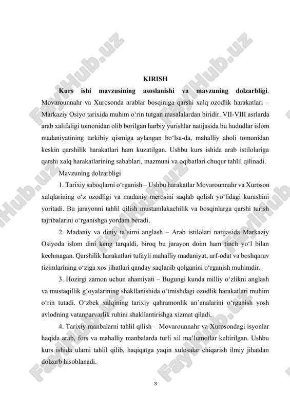 yo‘lidagi harakatlari nuqtayi nazaridan tahlil qilinadi. tadqiqot mavzusining predmeti. ushbu tadqiqotning predmeti movarounnahr va xurosonda arablar istilosiga qarshi xalq ozodlik harakatlarining sabablari, kechishi va natijalari hisoblanadi. tadqiqotda quyidagi jihatlar o‘rganiladi: arab istilosiga qarshi xalq harakatlarining asosiy sabablari – ijtimoiy, siyosiy, iqtisodiy va diniy omillar. xalq qo‘zg‘olonlarining shakllari va usullari – qurolli isyonlar, passiv qarshilik, mahalliy hokimlarning harakatlari. qo‘zg‘olon yetakchilari va ularning roli – muqanna harakati, sunbod qo‘zg‘oloni, haris ibn surayj isyoni kabi tarixiy voqealar. arab istilosining mahalliy aholiga ta’siri – iqtisodiy o‘zgarishlar, madaniy va diniy jarayonlar, mahalliy boshqaruv tizimidagi o‘zgarishlar. qo‘zg‘olonlarning natijalari va ahamiyati – muvaffaqiyatli yoki muvaffaqiyatsiz jihatlari, uzoq muddatli ta’siri. shunday qilib, tadqiqotning predmeti bu tarixiy jarayonlarning ichki mazmuni, ularning sabab va oqibatlari hamda movarounnahr va xuroson xalqlari hayotiga ta’siri bilan bog‘liq masalalardan iborat. tadqiqotning usullar. ushbu tadqiqotda quyidagi ilmiy-tadqiqot usullaridan foydalaniladi: 1. tarixiy taqqoslash usuli – movarounnahr va xurosonda arab bosqiniga qarshi xalq harakatlarini boshqa hududlardagi (masalan, …
