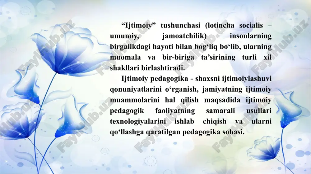 lardir. ijtimoiy ishning oʻziga xosligini tushunishda asosiy omil 1917-yilda meri richmandning “ ijtimoiy suhbat” kitobining chop etilishi boʻldi. bu mumtoz asarda “yaxshi ijtimoiy ishchi odamlarni kambagʻallikdan halos etish bilan shugʻullanmaydi, u kambagʻallikni umuman bartaraf etish uchunnima qilish haqida oʻylaydi”,-deb yozilgan. richmonddan keyin izlanish, tashhis, davolash parofigmasi ijtimoiy ishda asosiy boʻldi. amaliy vazifalarga ijtimoiy pedagogikaning ijtimoiylashuviga tashkiliy-pedagogik va psixologik yoʻnalishlardagi taʼsirini samarali takomillashtirish ishlarini aniqlash bilan bogʻliq. amaliy vazifalarga quyidagilar kiradi: atrof-muhit, inson, uning jismoniy va maʼnaviy xususiyatlari, jamiyatdagi huquq va majburiyatlarini bilishga intilishni rivojlantirish; gʻurur, mustaqillik, oʻziga ishonch hissini rivojlantirish; bola (oʻsmir)da insonlar bilan oila, maktab, tengdoshlari davrasida, ishda muomala qilishga ishtiyoqni oshirish. inqirozdan mustaqil chiqib ketish maqsadini qoʻyish, chiqish yoʻllarini aniqlash, atrofdagilar bilan muomala qilishni oʻrganish, hayot mazmuni va maqsadini aniqlash; - bola (oʻsmir) ongida yaxshilik, adolat, yaqinlariga, ijodga, oʻzaro tushunishga muhabbatni tarbiyalash; 1 2 3 4 ijtimoiy pedagogning vazifalari bolani oʻrab turgan va unga taʼsir qiluvchi turli ijtimoiy …