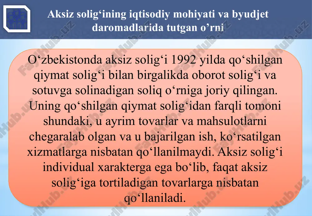 im tovarlarning (guruch, mebel, atir sovun va boshqa tovarlar) aksiz osti tovarlari ro‘yxatidan chiqarib tashlandi. shuning hisobiga hozirgi vaqtda aksiz solig‘ining ulushi davlat byudjeti daromadlari tarkibida kam salmoqni egallamoqda. aksiz solig‘i to‘liq respublika byudjetiga kelib tushadi va soliq yuki iste’molchilar zimmasida bo‘ladi. 8 aksiz solig‘i to‘lovchilar. soliq obyekti va bazasi soliq kodeksining 283-moddasiga muvofiq, aksiz solig’ini to’lovchilar deb quyidagi shaxslar e’tirof etiladi: 1) o’zbekiston respublikasi hududida aksiz solig’i solinadigan tovarlarni (aksiz to’lana-digan tovarlarni) ishlab chiqaruv-chilar; 2) tabiiy gazni iste’molchilarga realizatsiya qilishni amalga oshiruv-chilar; 3) benzin, dizel yoqilg’isini yakuniy iste’molchilarga realizatsiya qilishni, shu jumladan avtomobillarga yoqilg’i quyish shoxobchalari orqali, shuningdek gazni avtomobillarga yoqilg’i quyish shoxobchalari orqali realizatsiya qilishni amalga oshiruvchilar. ushbu me’yorni qo’llash maqsadida yakuniy iste’molchilar deganda o’z ehtiyojlari uchun benzin, dizel yoqilg’isi hamda gaz oluvchi yuridik va jismoniy shaxslar tushuniladi; 9 aksiz solig‘i to‘lovchilar. soliq obyekti va bazasi soliq kodeksining 283-moddasiga muvofiq, aksiz solig’ini to’lovchilar deb quyidagi shaxslar e’tirof etiladi: …