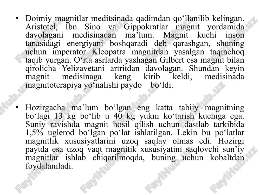ngan, shuning uchun uni amper kuchi deb yuritiladi. gisterezis hodisasi moddalar magnitik xususiyatlariga ko‘ra uch xil turga ajratilib qaraladi: diamagnetiklar-ularda µ 1, bunday materiallarga kislorod, nikel kabilar kiradi. ularni magnitlash qiyin kechadi; ferromagnetiklar- ularda µ >>1, bunday moddalarga temir, po‘latning maxsus turlari, kobalt kiradi. ularning magnit singdiruvchanliklari bir necha o‘n ming, hatto yuzlab minggacha boradi, masalan temirning nikelli qotishmasi uchun µ =250 000. bunday moddalar elektr mashinalarining o‘zaklarini yasashda ishlatiladi. moddalarning magnitik xususiyatlarini o‘rganishda shu narsa aniq- langanki, agar biror moddani magnitlantirsak undagi qoldiq magnitlanish saqlanib qoladi va shu moddani yana qayta magnitlashda jarayonlar endi butunlay boshqacha kechadi. bu hodisa magnit gisterezisi deb yuritiladi. magnit maydonidan mashina va mexanizmlarda foydalanishning amaliy asoslari quyidagi 4 prinsipga tayanadi: 1. tokli o‘tkazgich atrofida magnit maydoni hosil bo‘ladi; 2. gʻaltakdagi magnit maydonining o‘zgarishi, shu g‘altakda elektr yurituvchi kuchni (e.yu.k.) induksiyalaydi (transformatorning ishlash prinsipi); 3. tokli o‘tkazgich magnit maydoniga kiritilsa, bu o‘tkazgichga maydon tomonidan ta’sir …
