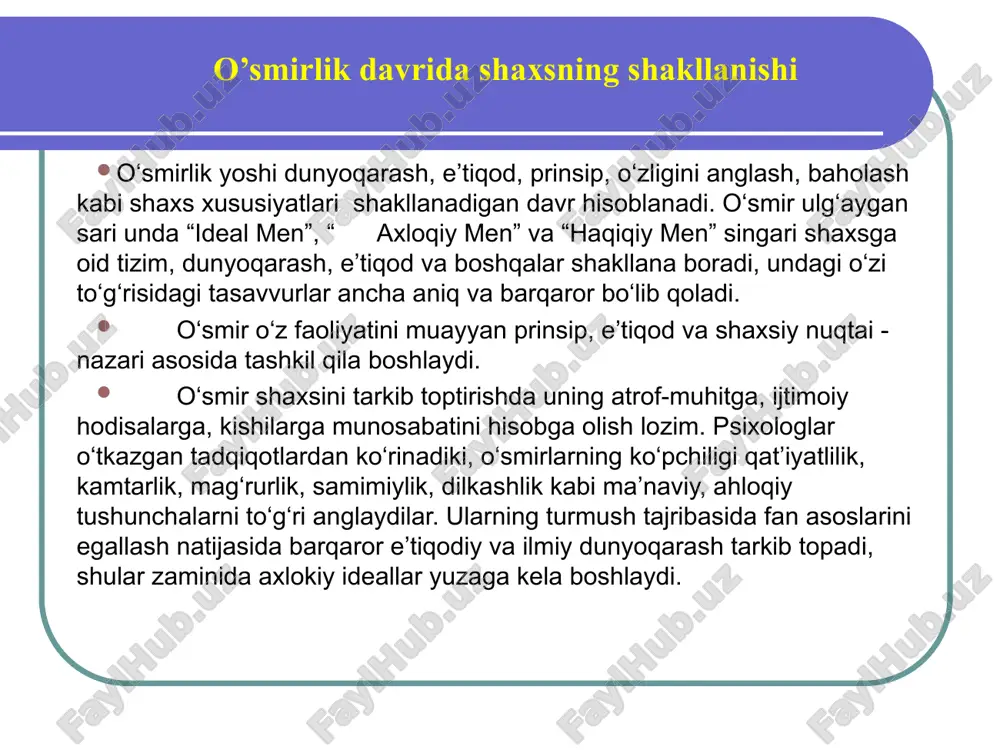 avtonomiyaga, keyinchalik iqtisodiy avtonomiyaga intilish kuzatiladi. o'smirlik davri jinoiy xulqning shakllanish ehtimoli nisbatan balandligi bilan tavsiflanadi. asosiy motivlar: kattalik hissini tasdiqlash, shaxsiy mavqeni oshirish, guruhiy an'nalarga rioya etish, o'ziga ishonchsizlikdan qutulish, hayotiy muammolardan qochish. o'smirlik davriga xos quyidagi xususiyatlar korrektsion aralashuvni talab qiladi giperaktivlik haddan tashqari va g'ayrioddiy faoliyat bilan ajralib turadigan xatti-harakatlar giperaktivlik deb ataladi. bu bola xatti-harakatlarining buzilishi, giperaktivlik nima? giperaktivlik impulsiv kasallik deb hisoblanadi. bu giperkinez deb ham nomlanadi. faoliyat darajasi yoki haddan tashqari jismoniy ... affektivlik (xafalanuvchanlik, keskin emotsional reaktsiyalar) uyatchanlik (15-16 yoshda 70% o'g'il va qiz bolalar) autizm autizm (grekcha «autos» – «o'zim» degan so'z) – bu ruhiyatning o'ziga xos holati bo'lib, bemor tashqi olam, atrofdagilar bilan muloqot qilishni istamaydi. u yolg'izlikni yoqtiradi. impulsivlik giperaktivlik va impulsivlik tinch o'tira olmaslik, ko'p gapirish, navbat kutib turishga toqat yo'qligi, o'ylamay harakat qilish, hamma narsaga qo'shilib ketaverish ... komformlik tomonga yo'nalganligi – qaror qabul qilishda komformlik va mustaqil …