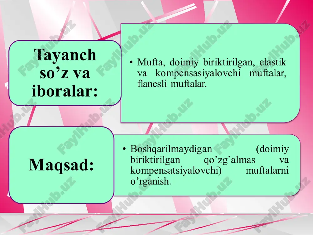 osita boltlar bilan uzatilib, ularda kesuvchi, ezuvchi kuchlanishlar hosil bo‘ladi. tirqishsiz o‘rnatilgan boltlar bir vaqtning o‘zida valni markazlashtirish vazifasini ham o‘taydi. boltlar tirqish bilan o‘rnatilganda markazlashtirish 3 chiqiqli qism evaziga bo‘lib, bu chiqiq ko‘ndalang yuklamalarni qabul qiladi. 4-rasm. ajralish sirti valga parallel bo‘lgan ikki pallali flanesli mufta boshqarilmaydigan kompensatsiyalovchi muftalar vallarning o‘qdoshmaslik turlari. tayyorlash va yig‘ishdagi xatoliklar sababli biriktiriladigan vallar geometrik o‘qlarining o‘zaro joylashishida har doim ma’lum bir noaniqlik bo‘ladi. vallarning nominal holatidan chetga chiqishining uch turi farqlanadi (5-rasm): bo‘ylama surilish δa (valning haroratdan cho‘zilishidan ham hosil bo‘ladi); radial surilish δr yoki ekssentrisitet; burchak surilish δα yoki og‘ish. amalda bu chetga chiqishlar bir vaqtda ta’sir qilishi mumkin, keyinchalik bu holatni valning «o‘qdoshmasligi» deb ataymiz. o‘qdoshmas vallar bikir qo‘zg‘almas muftalar bilan biriktirilganda muftani o‘rnatish joyida ular bir umumiy o‘qqa val va tayanchlarni deformatsiyalab keltiriladi. tayanch va vallar qo‘shimcha yuklanish bilan yuklanadi. shu sababli bikir qo‘zg‘almas muftalardan foydalanganda vallarning joylashishida yuqori aniqlik …