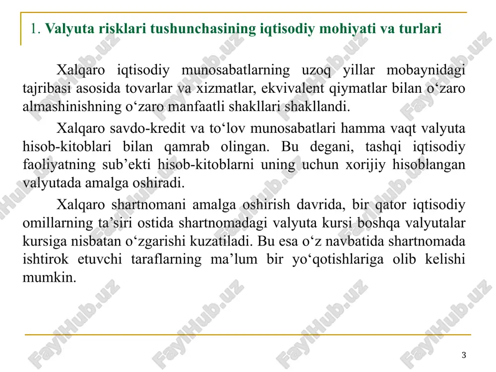 bo‘lib, turli mamlakatlar valyutalarida ifodalangan aktiv va passivlar o‘rtasidagi nomuvofiqlik holati hisoblanadi. bu riskning paydo bulishiga kompaniya balansini hisob-kitob qilish jarayonida aktiv va passiv tomonlari o‘zaro munosabatlarining to‘g‘ri kelmasligi sabab bo‘ladi. kompaniya shaxobchalari turli mamlakatlarda joylashgani va shu mamlakatlarda milliy valyuta kursi o‘zgarib turishi ushbu risklarni yuzaga keltiruvchi asosiy shartlardir. * agar kompaniya o‘z faoliyatida translyatsion riskni muhim ahamiyat kasb etmaydi deb hisoblasa, u holda bunday riskni xedjirlashga zaruriyat sezilmaydi. chunki, aktiv va passivlar o‘zgarishini balans hisobotida ularning asosiy valyutadagi bahosida ifodalash muhim ahamiyat kasb etmaydigan buxgalteriya hisob-kitoblari hisoblanadi. aqshdagi sho‘’ba kompaniyasining funt sterlingda ifodalangan aktivlari qiymati aqsh dollarining funt sterlingga nisbatan almashinuv kursi harakati bilan birgalikda tebranadi, bu holat esa, sho‘’ba kompaniyaning foyda darajasiga yoki asosiy faoliyatiga umuman ta’sir ko‘rsatmasligi mumkin. shuning uchun, translyatsion riskni xedjirlashga qilinadigan xarajatlar hech qanday ahamiyat kasb etmaydi, chunki amalda kurs tebranishda yo‘qotish riski yuzaga kelmaydi. * iqtisodiy valyuta riski. iqtisodiy risk kompaniya iqtisodiy …
