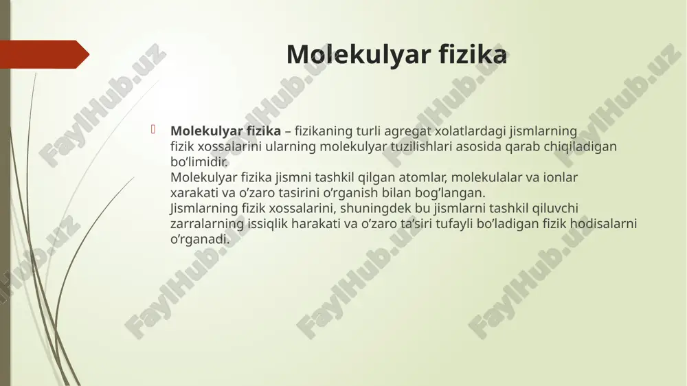 j. sharl va undan bexabar xolda fransuz fizigi gey – lyussak berilgan gaz massasi o’zgarmas xajmda chiziqli qonun bo’yicha temperaturaga bog’liq bo’lishini isbotlab berdilar: savol va topshiriqlar 1. mkn ning asosiy xolatlarini tavsiflang. 2. molyar massa bilan nisbiy atom massaning o’zaro bog’lanishini yozing. 3. molekulalar orasidagi o’zaro ta’sir kuchlarining tabiati qanday? 4. broun harakati deb nimaga aytiladi? 5. nima uchun katta zarralar broun harakatida bo’lmaydi? 6. diffuziya deb nimaga aytiladi? diffuziya tezligi nimalarga bog’liq? 7. ideal gaz? 8. temperaturani o’lchash uchun qanday shkalalar qabul qilingan? 9. izojarayonlar necha xil bo’ladi? image1.png image2.png image6.wmf image3.wmf image4.wmf image5.wmf image7.png image8.png image9.png image10.jpg 0 2 0 3 \ 1 v nm p = 2 3 2 2 0 0 v m n p = k e n p 0 3 2 = /docprops/thumbnail.jpeg