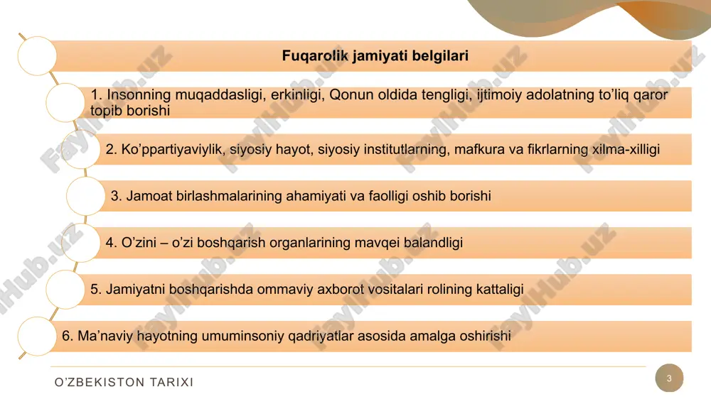 ashtirish (tillarang – iqtisodiyotni rivojlantirish elementlari hisoblangan kuch-qudrat va boylik ramzi,) iv. ijtimoiy sohani rivojlantirish (qizil rang – hayot va aholining munosib turmush tarzini ta’minlash ramzi) v. xavfsizlik, diniy bag‘rikenglik va millatlararo totuvlik, o‘zaro manfaatli va amaliy tashqi siyosat (oq rang – tinchliksevarlik siyosati elementlari hisoblangan tinchlik va soflik ramzi) 2017-2021 yillarda harakatlar strategiyasi o’zbekiston tarixi mahalliy davlat hokimyatchiligi 9 1992 yip 4 yanvar “o’zbekistonda mahalliy hokimyat idoralarini qayta tashkil etish to’g’risida” qonun qabul qilindi. unga binoan ilk bora hokimliklar tashkil etildi 1992 yil toshkent shahriga, 12 viloyatga, 163 qishloq tumaniga, 18 shahar tumaniga, 120 shaharga hokimlar tayinlangan konstitutsiyaning xxi bobi “mahalliy davlat hokimyati asoslari” deb nomlangan mamlakatimizda mahalliy davlat hokimyati 2 mustaqil organga bo’linadi: mahalliy vakillik organlari. unga quyidagilar kiradi: - viloyat xalq deputatlari kengashlari - shahar, tuman xalq deputatlari kengashlari ijroiya hokimyat. unga quyidagilar kiradi - viloyat hokimliklari - shahar, tuman hokimliklari o’zbekiston tarixi mahalliy davlat hokimyatchiligi 10 …