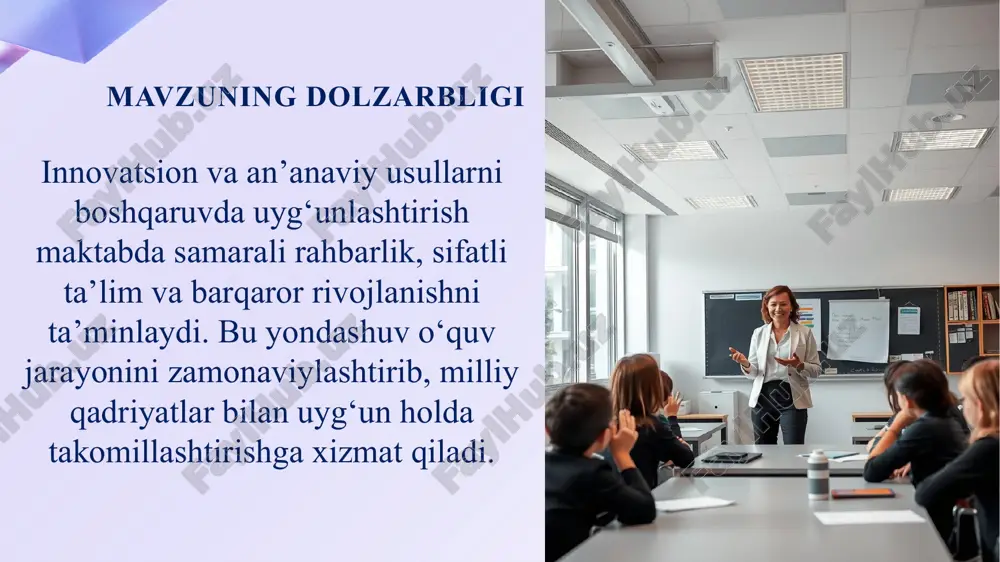 ini tanlaydi. bu tajriba, o‘z navbatida, mahalliy sharoitga moslashtirilgan integratsiyalashgan boshqaruv yondashuvlarini ishlab chiqishda foydalidir. buyuk britaniyada maktab boshqaruvi ko‘proq tizimli rejalashtirish, samaradorlikni o‘lchash va o‘zaro hisobdorlik asosida olib boriladi. an’anaviy ustoz-shogird tamoyillari bilan bir qatorda, zamonaviy boshqaruv vositalari — tahliliy kuzatuvlar, o‘quv dasturlari monitoringi va ota-onalar bilan muntazam hamkorlik asosida ishlanadi. maktab rahbarlari jamoa yetakchiligiga katta e’tibor qaratadi, bu esa boshqaruvda bir-birini to‘ldiruvchi yondashuvlarni uyg‘unlashtirishga xizmat qiladi. qozog‘istonda so‘nggi yillarda ta’lim sohasida amalga oshirilayotgan islohotlar doirasida innovatsion boshqaruv usullariga alohida urg‘u berilmoqda. maktab direktorlari maxsus tayyorgarlikdan o‘tkaziladi, ta’limdagi raqamlashtirish va o‘zini-o‘zi baholash tizimi kuchaytirilmoqda. shu bilan birga, milliy an’analar va qadriyatlar asosidagi rahbarlik uslublari saqlanib qolmoqda. bu esa boshqaruvda muvozanatni ta’minlash, an’anaviy tajriba bilan zamonaviy vositalarni uyg‘unlashtirishga imkon yaratadi. xorijiy tajribalarning o‘rganilganligi mavzuning qiyosiy tahlil etilganligi t/r2 amaldagi holat (o‘zbekistonda) amaldagi holat (xorijda) takliflar 1 o‘zbekistonda maktab boshqaruvi ham an’anaviy, ham zamonaviy yondashuvlarga asoslanmoqda. so‘nggi yillarda raqamli tizimlar, elektron …