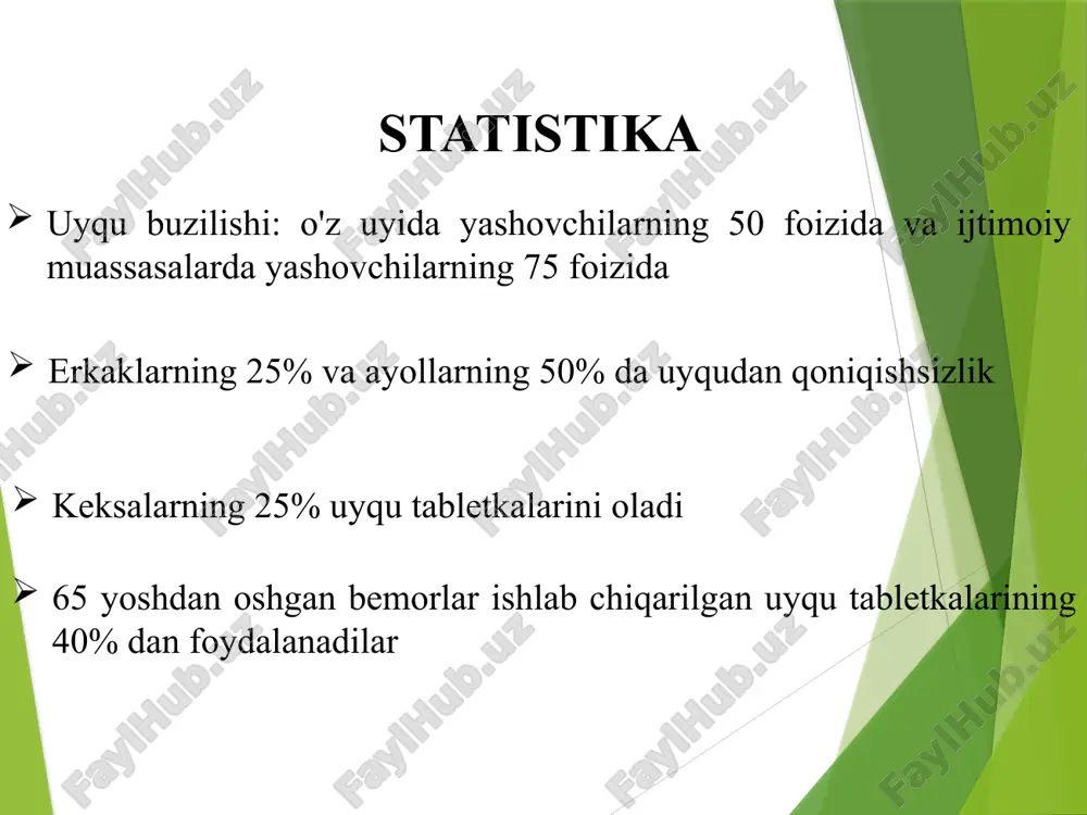 higa olib kelmasligi kerak. davolash bir stakan iliq sut yoki kefir; xonani ventilyatsiya qilish yoki yotishdan oldin yurish; "qulay" muhitni yaratish - shovqinni (siz quloqchalarni ishlatishingiz mumkin), yorqin nurni, haddan tashqari yumshoq yoki qattiq to'shakni, og'ir adyolni, yotoqxonadagi havodor va issiq muhitni, "bezovta" sherikni yo'q qiling. davolash ortopedik to'shak, yostiq; yumshoq, havodor adyol; choyshab, ko'rpa-to'shak va pijamalar tabiiy materiallardan tayyorlangan. davolash yotoqda 15-20 daqiqadan so'ng uxlay olmaganda yotoqxonadan boshqa o'qish xonasiga o'tish va yana uxlash kerak bo'lganda yotoqxonaga qaytish. ushbu manevrning maqsadi yotoqxonani uyqusizlik bilan emas, balki uyqu bilan bog'lashdir. davolash uyqusizlikni dori terapiyasi uchun ko'rsatmalar mavjudligi; kam samarali dozalarni tayinlash; optimal farmakokinetik xususiyatlarga ega dori tanlash; intervalent terapiya (haftasiga 2-3 marta); davolash dori vositalaridan qisqa muddatli foydalanish (3-4 hafta); uyqu tabletkalarini asta-sekin olib tashlash; davolash paytida va gipnozni to'xtatgandan keyin bemorlarni kuzatish. davolash iii avlod gipnozlari - siklopirolonlar (zolpidem, zopiklon, relakson); antidepressantlar (ssrilar, mianserin, mirtazapin, pirazidol). image1.png /docprops/thumbnail.jpeg