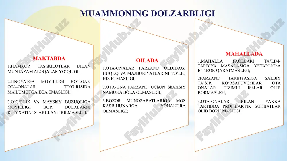 maktabga, o‘qituvchlarga ishonchsizligi va salbiy fikrda bo‘lishlari yaponiyada ota-onalar farzandlarining ta’lim-tarbiyasida, darslarning o‘zlashtirilishida javobgarlikni o‘z zimmasiga oladilar ijtimoiy tarmoqlar orqali maktabda olib borilayotgan ta’lim-tarbiya, ma’naviy-marifiy ishlar to‘g‘risida targ‘ibotni yo‘lga qo‘yish zarur 8 “agar maktabning ichiga butun xalq, butun jamoat bilan kirmasak, natija bo‘lmaydi”. sh.m.mirziyoyev xulosa: oila-mahalla-maktab hamkorligi borasida amalga oshiriladigan ishlar yuzasidan chora-tadbir rejasi t/r muammo amalga oshirish mexanizmi mas’ullar muddati natija 1. ota-onalarning farzandlar tarbiyasidagi o‘rni, majburiyati, mas’uliyati va farzandlar bilan o‘zaro munosabatlarini mustahkamlash. 1.chora-tadbir rejasini ishlab chiqish 2.amalga oshiriladigan ishlar yuzasidan monitoring olib borish direktor, mmibdo‘ 2024-yil may- sentyabr oila maktab hamkorligi samarali yo‘lga qo‘yilishi 2 o‘quvchi yoshlarning zararli odatlar va huquqbuzarlikka qarshi manzilli profilaktik tadbirlarni olib borish. 1.chora-tadbir rejasini ishlab chiqish. 2.reja asosida olib borilgan ishlarni har oyda tahlil qilish. direktor, mmibdo‘ va iib inspektori 2024-yili sentyabr har oyda o‘quvchilarning zararli odatlarga immuniteti shakllantiriladi va profilaktik ishlar amalga oshiriladi. 3 yuqari sinf o‘quvchilari va ota-onalar ishtirokida “kasbim …