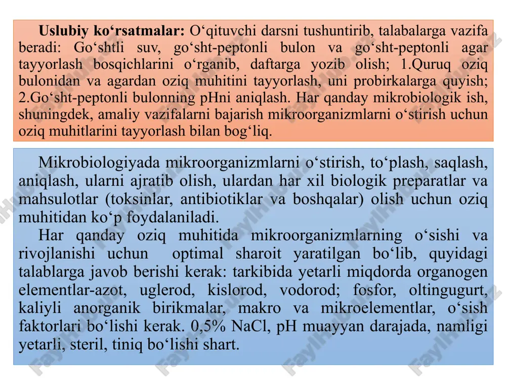 chi bakteriyalar, ichak tayoqchasi, gemolitik stafilokokklar, proteolitik mikroorganizmlar va boshqalar uchun tayyorlanadigan oziq muhiti). oziq muhitlarning klassifikatsiyasi tabiiy differensial - diagnostik oziq muhitlar (gissa, endo, ploskirev muhiti, baktoagar va boshqalar) bakteriyalarni fermentativ xossalariga qarab aniqlashga imkon beradi. mikrobiologiya amaliyotida asosan: go‘sht-peptonli bulon, go‘sht-peptonli agar va go‘sht-peptonli jelatina ishlatiladi. go‘sht suvini tayyorlash uchun yangi so‘yilgan mol yoki ot go‘shti ishlatiladi. buning uchun go‘shtni pay, suyakdan ajratib, qiymalagichdan o‘tkaziladi. chiqarilgan qiymaning ustiga sovuq suv quyiladi (1:2 nisbatda), aralashtirib, bir sutka salqin (4-60c li) joyga qo‘yiladi yoki ikki soat 370c da saqlanadi, so‘ngra bir soat qaynatilib paxta-doka filtrda filtrlanadi. filtrni siqib olib, filtiratga oldingi hajmiga yetguncha suv qo‘shiladi. keyin uni shisha idishga solib, avtoklavda 1200c issiqda 20-30 daqiqa sterillanadi. go‘sht-peptonli bulon (gpb) tayyorlash uchun go‘sht suviga 0,9% natriy xlorid va 1% pepton qo‘shiladi. keyin u 10 daqiqa qaynatiladi, ph (7,2-7,4) aniqlanadi, sovutiladi, filtrlanadi; oldingi miqdoriga yetkazish uchun suv qo‘shiladi, zarur idishlarga quyib, avtoklavda …