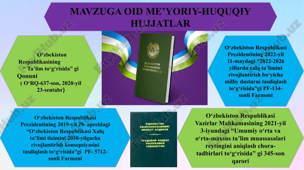 sh 2. maktab tashqi qiyofasi va ta’lim sifati uyg‘unlashuvidan maktabning haqiqiy imidji (brendi) ni shakllantirish. 3.ish beruvchilar bilan hamkorlikni kuchaytirish 4.ota-onalar bilan samarali hamkorlik o‘rnatish amaldagi holat (o‘zbekistonda) taklif amaldagi holat (xorijda) rahbarlik bu lavozim emas, balki mas’uliyatdir! shunday ekan maktab imidji va ta’lim sifati orasidagi bog‘liqlikni ta’minlash menejerning asosiy vazifasidir! rahbar ma’lum bir sohani emas, balki ta’lim-tarbiya jarayonidagi barcha sohalardan xabardor bo‘lmog‘i lozim! natijalar asosida insonlar tasavvuridagi maktab haqidagi ijobiy xulosalari orqali maktab imidji va ta’lim sifati uyg‘unlashadi! xulosa 9 rahbarlar boshqaruvchanlik qobiliyati va mas’uliyatini yanada oshirish; ota-onalar va jamoatchilik bilan aloqalar (pr xizmatlari) ni kuchaytirish; jamoada vatanparvarlik ruhini oshirish va sog‘lom muhit shakllantirish ; malakali kadrlar salohiyatini oshirish hamda qo‘shimcha daromad topish imkoniyatlaridan samarali foydalanish; 10 takliflar t/r muammo amalga oshirish mexanizmi mas’ullar muddati natija 1. ayrim maktab direktorlarida boshqaruvchanlik qobiliyati yetarli emasligi va o‘z vaqtida ta’limdagi yangiliklarni ijrosi bilan shug‘ullanmayotganligi. 1)boshqarish nazariyasiga oid adabiyotlarni o‘qish. maktab direktori …