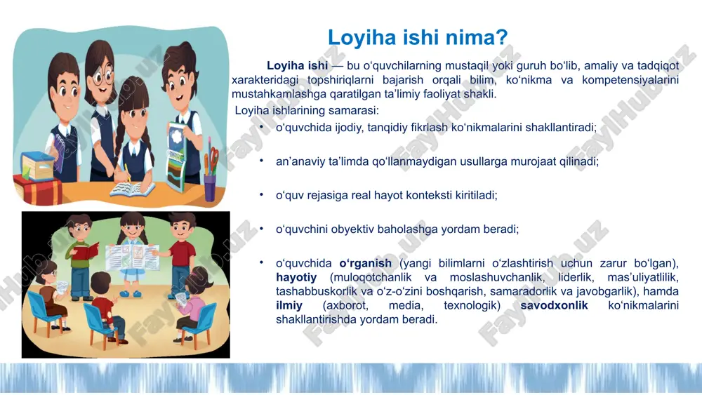 mumkin bo‘lgan mahsulot tayyorlashga e’tibor qaratiladi. 4. dramatik loyiha bunday loyihalar ko‘proq badiiy asarlarni sahnalashtirishga, turli tadbir, chiqishlar tashkillashtirishga asoslanadi. jamoada ishlash va hamkorlik ko‘nikmalarini shakllantirishda ahamiyati katta. 5. hayotiy ko‘nikmalarni rivojlantirishga oid loyihalar bu turdagi loyihalar bevosita amaliy hayot bilan, real muammolarni hal qilish bilan bog‘liq bo‘lib, maqsadi o‘quvchida zaruriy hayotiy ko‘nikmalarni rivojlantirishdan iborat sanaladi. t/r loyiha turi mazmuni 1. lingvistikaga oid loyihalar bunday loyihalar lingvistik ko‘nikmalar ustida ishlashga qaratilgani bilan xarakterli. ona tilidagi grammatik qoidalar, nazariy va amaliy masalalarni yoritishga bag‘ishlangan bo‘lishi mumkin. m.: “o‘zbek tilidagi iboralar” mavzusida poster tayyorlash, antonimlar lug‘atini tuzish va b. 2. nutq madaniyatiga oid loyihalar bu turdagi loyihalar og‘zaki, yozma nutqda muloqot madaniyatini shakllantirish, nutq uslublarini to‘g‘ri qo‘llash, o‘quvchida kommunikativ ko‘nikmalarni shakllantirishga qaratilgan bo‘ladi. m.: “ijtimoiy tarmoqlarda muomala madaniyati” mavzusida esse yozish, “o‘zbekcha gapiraylik!” mavzusida taqdimot tayyorlash va b. 3. media va axborot loyihalari bu loyihalar o‘quvchilarda axborotlar bilan ishlash jarayonida til vositalaridan …