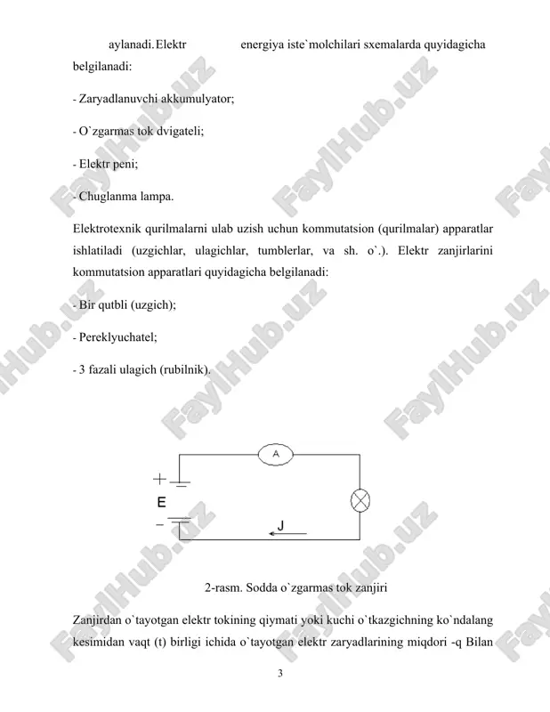 ntlarni analitik modellari tok va kuchlanishlar uchun algebraik yoki differensial tenglamalar ko`rinishida berilishi mumkin. grafik modellar grafiklar yordamida ko`rsatiladi, masalan, volt-amper xarakteristikalar (vax), yoki sxema zamesheniya yordamida. ideal elementlardan tuzilgan elektr sxema zamesheniyalar o`ta qulay va keng tarqalgan moddalar ko`rinishidir. jadvalli modellar raqamli jadvallar ko`rinishida berildi, ular asosan eksperemental xarakteristikaga grafiklarga mos tushgan bo`lishi kerak, chunki ular uchun analitik ifodalashni topish qiyin. modellarni aniqligi modellar va real elementlar xarakteristikalarini o`rtacha kvadratik chetga chiqishi orqali baholandi.  1  n n j 1 uej u mj  uej ( ) bu yerda ymj va yej - xarakteristikani nuqtasidagi real elementni toki i yoki kuchlanishi i. elementlarni statik modellari o`zgarmas va o`ta sekin o`zgaruvchi ta`sirlarda ishlatiladi. dinamik modellar esa tez o`zgaruvchan hamda yuqori chastotali ta`sirlarda qo`llaniladi. 3.elektr zanjirlarni zamesheniya sxemalari. zamesheniya sxemalari real elektr zanjirlarini matematik ifodalanishi bo`lganligi sababdan ular ko`p hollarda elektr zanjirlarini matematik modeli deb ham ataladi. kuchlanishi toka bog`liqligi …