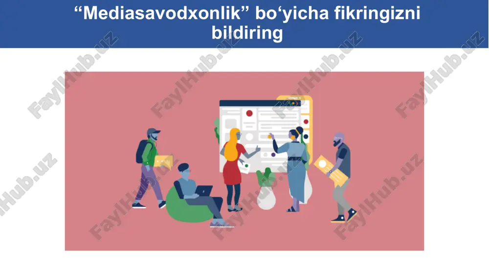 ol­larni bajarib ko‘rish qobiliyatida namoyon bo‘ladi. mazkur ko‘nikmalarni­ ta’lim va amaliyot doirasida rivojlantirish­ mumkin. tanqidiy tahlil ko‘nikmalari turli tahliliy vositalardan­ foydalangan holda, turfa xil media kontentni talqin qila olish va ahamiyatini tushunishni bildiradi. ushbu ko‘nikmalar­ rang-barang mediakontent va janrlarni­ o‘rganish orqali yaxshiroq rivojlanadi. xavfsizlik ko‘nikmalari murakkab vaziyatlardan­ chiqish va ularni­ oldini olish qobiliyatida namoyon bo‘ladi. virtual makondan xavfsiz foydalanish, shaxsiy makonni himoya qilish hamda zararli kontent va muloqotdan voz kechishni nazarda tutadi 14 o‘quv jarayonida mediata’limni joriy etishda ishontirish usuli va uning ahamiayati ishontirish usuli auditoriya fikrini o‘ziga qaratib olish, ishonchga kirish, o‘z g‘oyasini singdirish, biror mahsulotni sotib olishga chorlash yoki biror hara katni (sotib olish, ovoz berish, pul berish va h.) amalga oshirishga undash uchun ishlatiladigan turli usullar. 2 3 1 auditoriyani o‘zining g‘oyasiga ishontirish usullari: asosiy usullar oraliq usullar kengaytirilgan usullar 15 5 4 3 2 1 assotsiatsiya mahsulot, xizmat yoki g‘oyani maqsadli auditoriya sevib yoki yoqtirib ulgirgan …