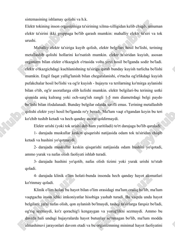 niyatlar hisobiga yashab turadi. bu vaqtda unda hayot belgilari: ya'ni nafas olish, qon aylanish bo'lmaydi, tashqi ta'sirlarga farqsiz bo'ladi, og'riq sezmaydi, ko'z qorachig'i kengaygan va yorug'likni sezmaydi. ammo bu davrda hali undagi hujayralarda hayot butunlay so'nmagan bo'lib, ma'lum modda almashinuvi jarayonlari davom etadi va bu organizmning minimal hayot faoliyatini davom ettirishiga etarli bo'ladi, shuning uchun tashqi ta'sir natijasida hayot faoliyatini yo'qotgan organizmning ba'zi bir qismlarini tiklash natijasida uni hayotga qaytarish imkoniyati bor. klinik o'lim holati 7 daqiqagacha davom etadi. hech qanday yordam bo'lmagan taqdirda eng oldin bosh miya qobig'idagi hujayralar parchalanadi va klinik o'lim holati biologik o'lim holatiga o'tadi. biologik o'lim-qaytarib bo'lmaydigan jarayon bo'lib, organizmdagi biologik jarayonlar butunlay to'xtashi bilan xarakterlanadi, shuningdek organizmdagi oqsil strukturalari parchalanadi. bu klinik o'lim vaqti tugagandan keyin ro'y beradi. tokning inson organizmiga ta'siri bir necha omillarga bog'liq. asosiy omillardan biri insonga tok ta'sirining davomliligi, yani odam tok ta'sirida qancha ko'p qolib ketsa, u shuncha ko'p …