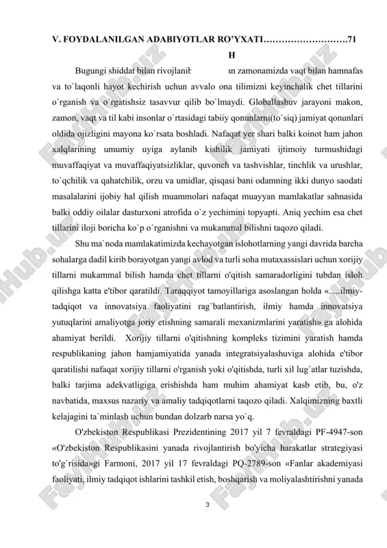 tsiya faoliyatini rag`batlantirish, ilmiy hamda innovatsiya yutuqlarini amaliyotga joriy etishning samarali mexanizmlarini yaratish» ga alohida ahamiyat berildi. xorijiy tillarni o'qitishning kompleks tizimini yaratish hamda respublikaning jahon hamjamiyatida yanada integratsiyalashuviga alohida e'tibor qaratilishi nafaqat xorijiy tillarni o'rganish yoki o'qitishda, turli xil lug`atlar tuzishda, balki tarjima adekvatligiga erishishda ham muhim ahamiyat kasb etib, bu, o'z navbatida, maxsus nazariy va amaliy tadqiqotlarni taqozo qiladi. xalqimizning baxtli kelajagini ta`minlash uchun bundan dolzarb narsa yo`q. o'zbekiston respublikasi prezidentining 2017 yil 7 fevraldagi pf-4947-son «o'zbekiston respublikasini yanada rivojlantirish bo'yicha harakatlar strategiyasi to'g`risida»gi farmoni, 2017 yil 17 fevraldagi pq-2789-son «fanlar akademiyasi faoliyati, ilmiy tadqiqot ishlarini tashkil etish, boshqarish va moliyalashtirishni yanada takomillashtirish chora-tadbirlari to'g`risida»gi[footnoteref:1], 2017 yil 20 apreldagi ph-2909-son «oliy ta'lim tizimini yanada rivojlantirish chora tadbirlari tog`risida»gi qarorlari, o'zbekiston respublikasi vazirlar mahkamasining 2017 yil 11 avgustdagi 610-son «ta'lim muassasalarida chet tillarini o'qitishning sifatini yanada takomillashtirish chora tadbirlari to'g`risida»gi qarori hamda boshqa me'yoriy-huquqiy hujjatlarda belgilangan vazifalarni amalga oshirishda …