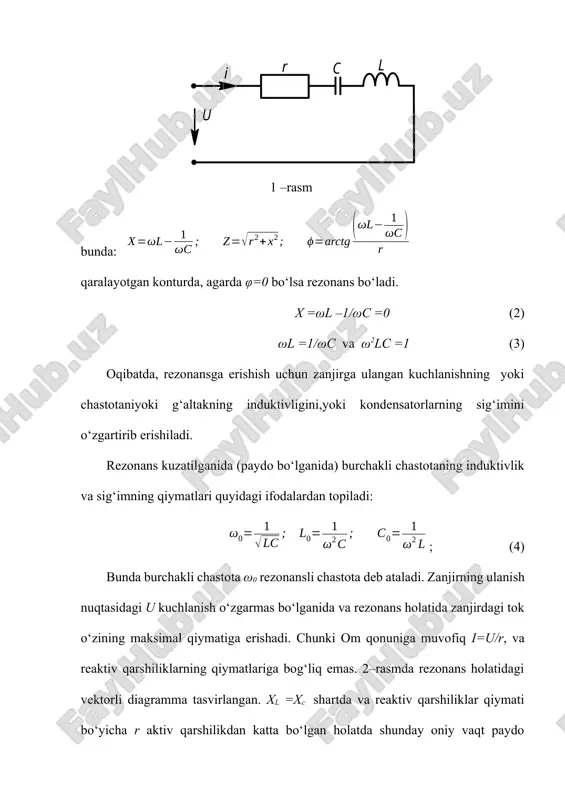 b(bl=bc) va ul=uc , (il=ic) bo'lib, reaktiv elementlardagi kuchlanish (tok)lar modul jihatdan bir-biriga teng hamda manba kuchlanishi (toki) dan bir necha marta ortib ketadi. elektr zanjirlaridagi bu rejim kuchlanishlar (toklar) rezonansi deb ataladi. bu rejimda zanjirning reaktiv quvvati nolga teng bo'ladi. rezonans yuzaga keladigan chastota rezonans chastotasi deb ataladi. elektr zanjirlarida rezonans rejimlaridan elektrotexnikada, radiotexnikada va elektr o'zgartgichlarda keng foydalaniladi. ayrim hollarda esa, zanjirda rezonans hodisasi yuzaga kelishi noqulayliklarni tug'diradi (masalan, uzatish liniyalarida va transformatorlarda kuchlanish va toklarni keskin ortib ketishi o’lchash asboblarini hamda izolyatsiyani ishdan chiqishiga olib keladi). kuchlanishlar rezonansir, l va celementlari ketma-ket ulangan zanjirni ko'rib chiqamiz (2.20-rasm, a). zanjirning kompleks qarshiligi: z=r+j(ωl - ) . kuchlanish rezonansi shartiga ko`ra: x=ωl-1/ωc=0 yoki ωl=1/ωc, bunda ωr=1/ — rezonans chastotasi. kuchlanish rezonansi rejimi uchun tok va kuchlanishlar vektor diagrammasi 8 – rasm, b da keltirilgan. unda reaktiv elementlardagi kuchlanishlarning modul qiymatlari teng, yo`nalishlari esa qarama – qarshi. rezonansi shartidan ko`rinib …