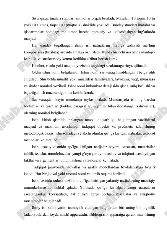 etilishi zarur bo’lgan masalalar va istiqboliy muammolar belgilanadi. ilmiy ish salohiyatini namoyish etadigan belgilardan biri uning bibliografik (adabiyotlardan foydalanish) apparatidir. bibliografik apparatga qarab, muallifning o’rganilayotgan muammo bo’yicha kasbiy malakasi va mahorati xususida ma’lum fikrga kelish mumkin. bibliografik apparatning muhim unsurini foydalanilgan adabiyotlar ro’yxati tashkil qiladi. adabiyotlar ro’yxatini bir nechta turi - mualliflar familiyalari yoki boblar, mavzular, nashrlar tartibi bo’yicha, ish mazmunini xususiyatiga qarab; aralash tuzilmalar va boshqa ko’rinishlarda mavjud . ro’yxatda keltirilgan adabiyotlarni qayd qilish qoidasi: muallif familiyasi, ismi-sharifi, ishni nomi, shahar, nashriyot, nashr etilgan yil, ishni hajmi, agar to’plam bo’lsa, bo’lim hajmi keltiriladi. bajarilgan ish yuzasidan annotasiya va referat tuzishga to’g’ri keladi. annotasiya bajarilgan ishni mazmuni, vazifasi, shakli haqidagi qisqacha ma’lumotdir. annotasiya axborot funksiyasini bajarib, mazkur ishda nima haqida mulohaza yuritilayapti, degan savolga javob beradi. referet ilmiy ishni qisqartirilgan bayonidir. unda faktik ma’lumotlar, mulohazalar va xulosaning qisqacha bayon beriladi. muallif magistrlik yoki doktorlik dissertasiyasiga referat yozsa, unda u avtoreferatga …