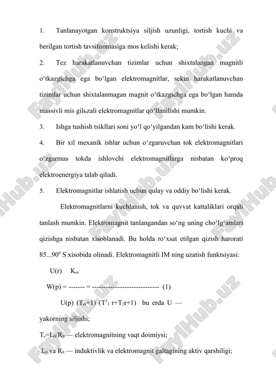 ishqalanish va qovushoq ishqalanish muftasining konstruktiv va elektr sxemalari. xulosa qovushoq ishqalanuvchi muftalar ferroparo-shakli yoki magnitli emulsiyali tarkibiga ega boʻlib, boshqariluvchi va boshqaruvchi elementlarda bogʻlovchi qatlam hosil boʻladi. bunday muftalarning xarakterli tomoni shundaki, magnit oqimi ortib borishi bilan uzatiluvchi aylantiriluvchi moment ortib boradi. bunday muftalar yuklamalarga nisbatan chidamli boʻlib, tez harakatlanuvchan im lardan hisoblanadi (vaqt doimiysi t=0,005... 0,008 s), ularning uzatish koeffitsienti k=3500. bu muftalar konstruktiv tuzilmasiga koʻra gʻaltaklarning joylashishi, soni, ishchi yuzasining shakliga, tok oʻtkazgichlarining koʻrinishi va boshqa belgilariga koʻra farqlanadi nazorat savollari: 1. elektromagnit ijrochi qurilmani avfzalligi nima? 2. membranali va porshenli ijrochi qurilma nima? 3. magnitlashmaydigan rotorli dvigatelini tushuntiring? 4. elektromagnit ijrochi qurilmani vazifasi nima? foydalaniladigan asosiy adabiyotlar va oʻquv qoʻllanmalar roʻyxati 1. dj fruden. handbook of modern sensors. – new yourk: sprinder verlag. 2005. 2. arxipov a.m., ivanov v.s., panfilov d.i. datchiki freescale semiconductor. 3. shipulin yu.g. elementi i ustroystva sistem upravleniya. konspekt lektsiy. – tashkent: …