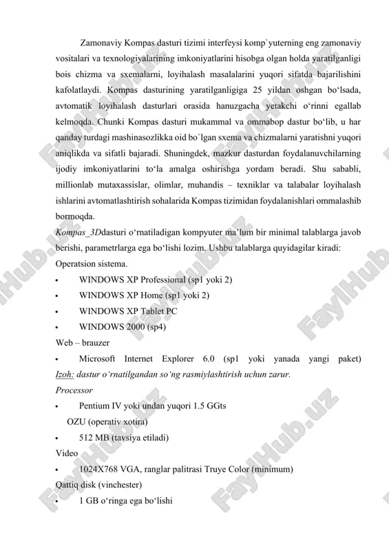 chqoncha «trecbol» yoki boshqalar cd – rom · dasturni o‘rnatish uchun, qaysi model bo‘lishidan qat’iy nazar zarur ushbu ma`ruzada loyihalash ishlarini avtomatlashtirishning grafik dasturi kompas_3dtizimining imkoniyatlari bilan tanishib chiqamiz. foydalanuvchi interfeysi. uskunalar paneli. kompas_3dishga tushirilgandan so‘ng dastlab, chizma bajarish uchun dastur parametrlari o‘rnatilishi lozim. ushbu parametrlar o‘qituvchi tomoidan o‘rnatilib, talaba bevosita chizma topshiriqlarini bajara oladigan holatga keltiriladi. ish stoli quyidagi tartibda jixozlanishi mumkin: 1.1-rasm. kompas_3d dasturning bosh oynasi ya’ni loyihalash muhiti. ushbu loyihalash muhitining tarkibiga quyidagi asosiy elementlar kiradi: 1. muharrirlanayotgan chizma (fayl) nomi ko‘rsatilgan sarlavha; 2. asosiy menyu; 3. asboblarning standart paneli; 4. kompakt paneli; 5. xususiyatlar paneli; 6.chizmadagi joriy holatni ko‘rsatuvchi kursor (sichqoncha) holati yani buyruqlar chizig`i. kompas_3d tiziminini interfeysi rostlanuvchan bo‘lib, uning ko‘rinish 1-rasmdagidan farq qilishi mumkin. kompas_3d ning asosiy menyusiga quyidagilar kiradi: kompas_3dtizimi interfeysining birinchi satrida sarlavha chiqariladi, bu yerda muharrirlanayotgan chizma (fayl) nomi. kompasda fayl kengaytmasi “cdw” bilan belgilanadi. kompas_3d tizimi interfeysining ikkinchi satrida iyerarxik …
