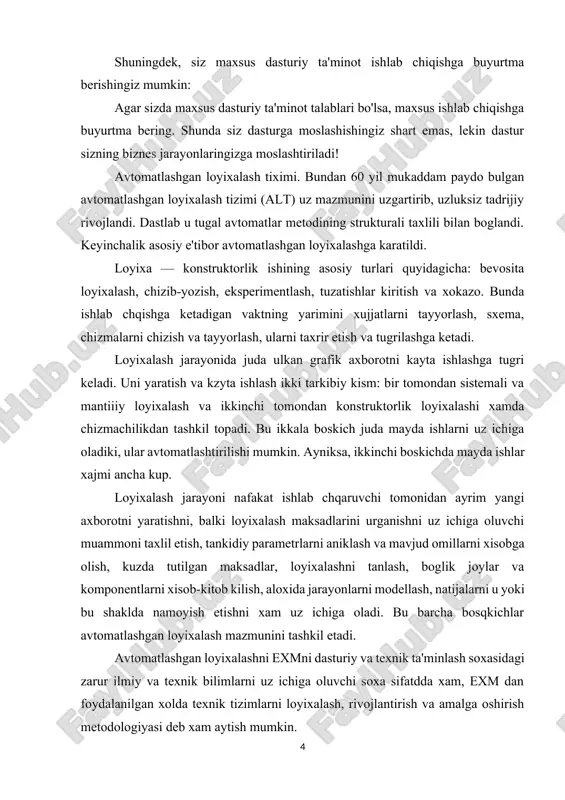 rni xisobga olish, kuzda tutilgan maksadlar, loyixalashni tanlash, boglik joylar va komponentlarni xisob-kitob kilish, aloxida jarayonlarni modellash, natijalarni u yoki bu shaklda namoyish etishni xam uz ichiga oladi. bu barcha bosqkichlar avtomatlashgan loyixalash mazmunini tashkil etadi. avtomatlashgan loyixalashni exmni dasturiy va texnik ta'minlash soxasidagi zarur ilmiy va texnik bilimlarni uz ichiga oluvchi soxa sifatdda xam, exm dan foydalanilgan xolda texnik tizimlarni loyixalash, rivojlantirish va amalga oshirish metodologiyasi deb xam aytish mumkin. alt yukori malakali katta mexnatni talab etuvchi murakkab dasturiy-texnik komplekslarni uzida namoyon etadi. kupgina sanoat altlarining kiymati millionlab dollar turishi bejiz emas. xatto shaxsey kompyuterdan foydalanilgan xolda shaxsey xisoblashga yunaltirilgan alt xam ancha kimmat turadi. masalan, altning avto disk firmasi ishlab chqkan avto cad paketi versiya narki 4000 dollar turadi. belgilangan maqsadlar va cheklanishlarni kondiruvchi yangi maxsulot yaratish vazifasi quyilgan xar bir joyda shundan foydalanish mumkin. xozirgi paytda alt mashinasozlik va radioelektronika kabi soxalarda eng kup tarkalgan. birok altdan …