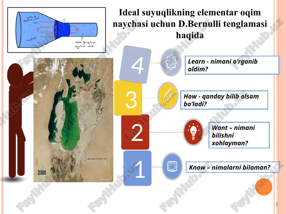 u holda xosil bo‘lgan ifodaning birinchi hadini quyidagi ko‘rinishga keltiramiz: bo‘lganligi uchun tenglamaning birinchi xadini quyidagicha yozamiz: * agar massa kuchlardan faqat og’irlik kuchi ta’sirini inobatga olsak, tenglamaning ikkinchi hadi quyidagi ko’rinishga keladi: tenglamaning uchinchi hadi, matematik analiz kursidan ma’lumki, bosimning to‘liq differensialini ifodalaydi, ya’ni aniqlangan ifodalarni tenglamaga quyib, quyidagiga ega bo‘lamiz: xosil bo‘lgan ifodani integrallab quyidagini olamiz: yoki ekanligini hisobga olib, oqim uchun bernulli tenglamasi quyidagicha yoziladi: d.bernulli tenglamasida qatnashgan hadlarni sxemasi bernulli tenglamasining geometrik va energetik ma’nolari belgi geometrik ma’nosi belgi energetik ma’nosi chizmadagi o‘rni z1 va z2 gemetrik balandlik z1 va z2 solishtirma xolat energiyasi pyezometrik balandlik solishtirma bosim energiyasi pzometrik napor (dam) solishtirma potensial energiya tezlik napor (dami) solishtirma kinetik energiya gidrodinamik napor (dam) solishtirma to‘la energiya napor (dam) kesimlar orasidagi yo‘ќotilgan energiya 1. rezervuardan suv diametri d=30 mm bo'lgan quvur orqali atmosfexaga oqib chiqmoqda, agar rezervuardagi manometrik bosim pm= 0,2 atmosfera bo'lib, dam (napor)i h= …