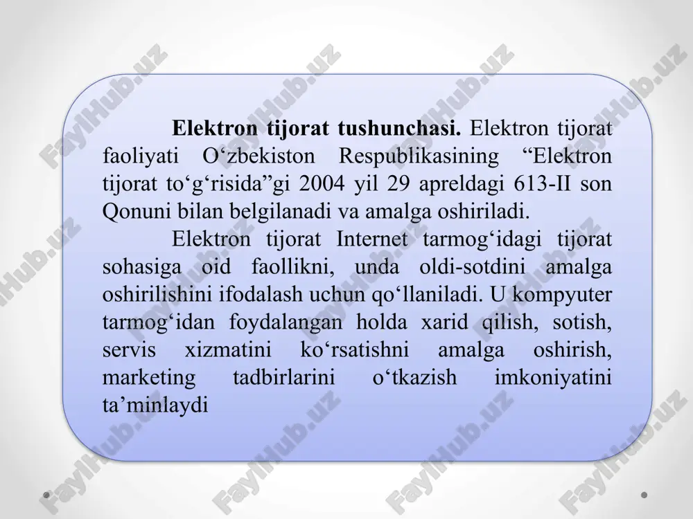 bank ishlovidan o‘tishining barcha bosqichlarini kuzatish; xatolar to‘g‘risida xabarlarni tezkor olish; elektron karmon - bu elektron pullarni saqlash uchun mo‘ljallangan vosita. elektron karmonni to‘ldirish va ulardan pul echishni quyidagi usullar bilan amalga oshirish mumkin: 1. tijorat banklarida naqd pul bilan; 2. bank kartalari (visa, mastercard, uzkart) yordamida; 3. pochta orqali; 4. internet-banking yordamida; 5. pul o‘tqazmalar tizimlari yordamida; 6. mobil aloqa yordamida. 9 mobil telefon – mobil aloqada foydalaniladigan telefon apparati turi. hozirgi kunda, mobil telefon klaviatura va ekranga ega bo‘lib asta-sekin kompyuter, faks apparati, telefon apparati, qaydlar kitobchasi vazifalarini bajaruvchi ko‘p maqsadli abonent tizimiga aylanmoqda. mobil aloqa muhiti – tayanch stansiyalar va bir guruh abonentlar tizimidan iborat bo‘lib, abonentlarning bir-birlari bilan o‘zaro axborot almashinuvini ta’minlovchi texnik vositalar majmuasi. mobil aloqa tizimida barcha ma’lumotlar mobil telefon orqali elektromagnit to‘lqinlari ko‘rinishida simsiz havo orqali uzatiladi. 10 mobil aloqa xizmati operatorlari – abonentlar (mijozlar) uchun mobil aloqa xizmatlarini taklif qiluvchi tashkilotdir. operatorlar …