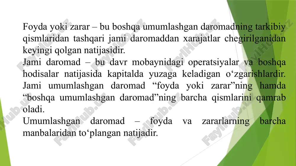 bo‘lganligi sababli alohida qayd etiladi. soliqqa tortiladigan daromad (zarar) soliq qonunchiligiga muvofiq belgilangan hisobot davridagi daromad (zarar) summasini ifoda etadi. moliyaviy natijalar – xo‘jalik yurituvchi subyektning foyda yoki zarar shaklida ifodalangan faoliyatining pirovard iqtisodiy yakunidir. daromadlar va xarajatlar moliyaviy natijalar to‘g‘risidagi hisobotda qarorlar qabul qilish uchun zarur bo‘lgan axborotni taqdim etish maqsadida faoliyat turlarini chegaralash yo‘li bilan ko‘rsatilishi mumkin. daromadlar va xarajatlarning xo‘jalik yurituvchi subyektning ish natijalarini ko‘rsatish imkoniyatini beradi. shuni alohida ta’kidlash lozimki, omonat egalarining xususiy sarmoyaga ulushlari daromad hisoblanmaydi, xususiy sarmoyaning egalari o‘rtasida taqsimlanishi esa xarajat hisoblanmaydi. moliyaviy natijalar to‘g‘risidagi hisobotni tahlili o‘qish, vertikal, gorizontal, trendli tahlil, moliyaviy koeffitsiyentlar va qiyosiy tahlil, omilli tahlil usullaridan foydalangan holda olib boriladi. moliyaviy natijalar to‘g‘risidagi hisobotni o‘qishda uning satrlar bo‘yicha ko‘rsatkichlar tarkiblanishiga, moliyaviy natijaviylikni xarakterlovchi umumiy qatorlarning qiymat ifodasiga, hisobot davri va o‘tgan yilning shu davri bo‘yicha ma’lumotlarga umumiy izoh beriladi. vertikal tahlilda moliyaviy natijalarning shakllanishini bir qatorli va ko‘p qatorli …