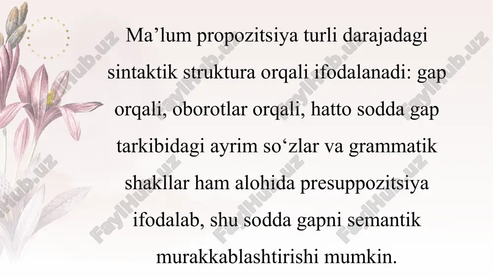 lingvistik presuppozitsiya mantiqiy presuppozitsiyadan farqli ravishda ma’lum ifodalanish shakliga – moddiy vositasiga, tashqi signallariga ega. masalan, o‘zbek tilidagi “karim ham keldi” jumlasida yana boshqa kimdir keldi presuppozitsiyasi anglashiladi. bu presuppozitsiyaning moddiy substrati - tashqi signali ham yuklamasidir. chunki shu yuklama presuppozitsiya uchun yo‘l ochadi. shuningdek, kelish harakatining yuzaga chiqish vositasi (piyoda, mashinada, otda va b.) ham presuppozitsiya orqali ma’lum bo‘ladi o‘zbek tilida presuppozitsiyaning moddiy substrati sifatida xilma-xil vositalar ishtirok etishi mumkin: 1) leksik vositalarning fakultativ ma’no komponentlari 2) hatto, faqat, yolg‘iz, -gina, (-gina emas), ham, tag‘in, yana yuklamalari 3) bo’lsa, esa bog’lovchi vositalari 4) tashqari, boshqa, o’zga, bilan birga, o’rniga ko’makchilari v.v.bogdanov presuppozitsiyani gap semantikasi aspekti ekanligini ta’kidlaydi. n.d.arutyunova ham presuppozitsiya “so‘zlovchilarning umumiy bilish fondi”, “ularning oldindan kelishuvi” sifatida gap semantikasiga kirishini ko’rsatadi. keyingi tadqiqotlarda semantikadan pragmatika ajratilmoqda. presuppozitsiya pragmatika tarkibiga kiritilmoqda. e’tiboringiz uchun rahmat 15 image2.jpg image3.png image1.jpg /docprops/thumbnail.jpeg