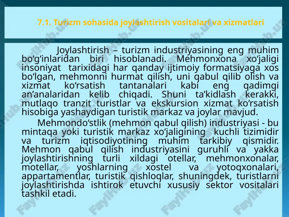 , yuvinishi, ishlashi, muloqot qilishini ta’minlaydi. nomerda mehmonning shaxsiy buyumlari saqlanadi. nomerlar o‘rinlar soni, xonalar soni, maydoni, jihozlanishiga qarab tasniflanadi. 7.2. mehmonxonalarning turlari va tasnifi mijozlar ehtiyojidan kelib chiqib, mehmonxonalar har xil funksional vazifalarni bajaradi va ularga har xil talablar qo‘yiladi. bunday mehmonxonalarda mijozlar bilan ishlash ular bo‘ysunuvchi idoralar rahbariyati tomonidan tasdiqlangan mehmonxona xizmatlari ko‘rsatish qoidalariga asosan amalga oshiriladi. ammo mazkur mehmonxonalarda amal qiluvchi qoidalarning birorta ham bandi o‘zbekiston respublikasining mehmonxona biznesini tashkil etish bo‘yicha qonun hujjatlariga zid bo‘lmasligi kerak. funksional vazifasiga qarab mehmonxonalar: ishbilarmonlar uchun – umumiy tipda, idoraviy, yig‘ilishlar, kengashlar va h.k. uchun; dam olish uchun mehmonxonalar – turistik, kurort mehmonxonalari, avtoturistlar uchun, motellar, kempinglar; mehmonxonalarning maxsus turlari – tranzit yo‘lovchilar uchun, sportchilar uchun va boshqalar uchun quriladi. hozirda jahonda ma’lum bo‘lgan 30 dan ortiq tasniflash tizimlari zamirida shinamlik darajasi yotadi. ular orasida quyidagi tasniflash tizimlari ayniqsa keng tarqalgan: yevropa tasniflash tizimi yoki «yulduzlar» tizimi. fransiya milliy tasniflash …