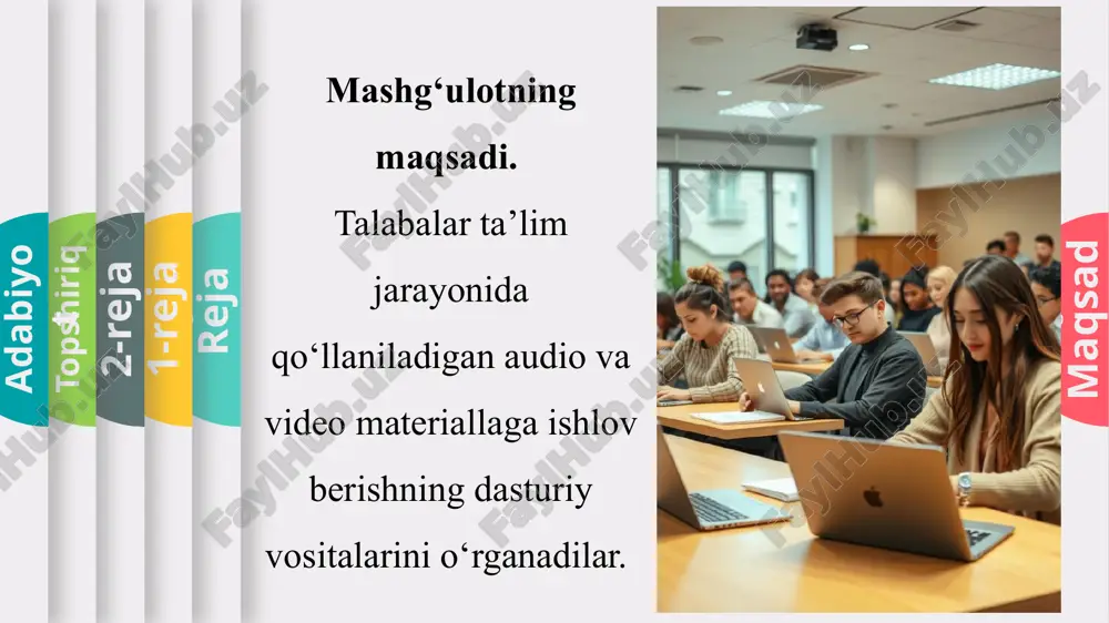 manbali audio tahrirlash dasturi. ovoz yozish, tahrirlash va turli effektlar qo‘shish imkoniyatini beradi. adobe audition: professional audio tahrir va qayd qilish dasturi. keng qamrovli vositalar va filtrlar bilan ta'minlaydi. garageband: mac foydalanuvchilari uchun mo‘ljallangan audio tahrir va musiqani yaratish dasturi. oson interfeysga ega. reaper: kengaytiriladigan va moslashtiriladigan audio tahrir dasturi. professional darajadagi imkoniyatlarga ega. maqsad reja 1-reja 3-reja topshiriq adabiyot video materiallarga ishlov berish uchun dasturlar adobe premiere pro: professional video tahrirlash dasturi. ovoz va video materiallarni birlashtirish, tahrirlash va montaj qilish imkoniyatini beradi. final cut pro: mac foydalanuvchilari uchun mo‘ljallangan kuchli video tahrir dasturi. intuitiv interfeysga ega. davinci resolve: video tahrir va rangni tuzatish uchun kuchli vosita. ovoz tahriri uchun ham imkoniyatlar mavjud. imovie: mac va ios qurilmalarida video tahrirlash uchun oson dastur. oddiy va intuitiv interfeysga ega. maqsad reja 1-reja 2-reja topshiriq adabiyot nazorat uchun savollar audio tahrirlash dasturlarida qanday asosiy funksiyalar mavjud? ovoz yozish uchun qaysi mikrofon …