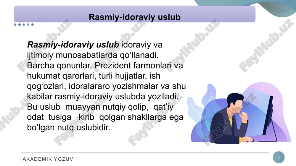 r-majburiyatlar, jamoat-xususiy, talab-taklif, chiqarib tashlash-tiklash; - fe’ldan yasalgan otlardan foydalanish: intizom buzilgan taqdirda, aybdorlar ishdan olinadi; - murakkab ko‘makchilardan foydalanish: maqsadida, aloqasida, natijasida: bankda ishlashni yaxshilash maqsadida haftalik psixologik treninglar o'tkazish kerak; akademik yozuv 1 13 rasmiy-idoraviy uslubining leksik va grammatik xususiyatlari - barqaror so'z birikmalaridan foydalanish (klisheler): bir martalik nafaqa, yuqori tashkilotlar, ovozga qo‘yish. - murakkab gaplardan foydalanish: yangi adabiyotni buyurtma qilish shakli bilan xat olganimizni tasdiqlaymiz va sizning arizangiz joriy yilning birinchi choragida ko'rib chiqilishini ma'lum qilamiz. akademik yozuv 1 14 1.n. jiyanova, o. mo‘ydinova. nutq madaniyati. – t.: “ilm ziyo zakovat”, 2019. 221 b 2. xolmonova z. adabiy tildan ma’ruzalar umumlashmasi-t.: «o‘zbekiston», 2013, 250 b. 3. qo‘ng‘urov r., begmatov e., tojiyev yo. nutq madaniyati va uslubiyat asoslari, - t.: “fan”, 1992, 254b. 4. husanov.n., rasulov, mo‘ydinov q. nutq madaniyati va notiqlik san`ati .-t.: “iqtisod-moliya”, 2006. 5. m. axmedova. nutq madaniyati va professional notiqlik. tatu, 2017, 114b. 6.m. …