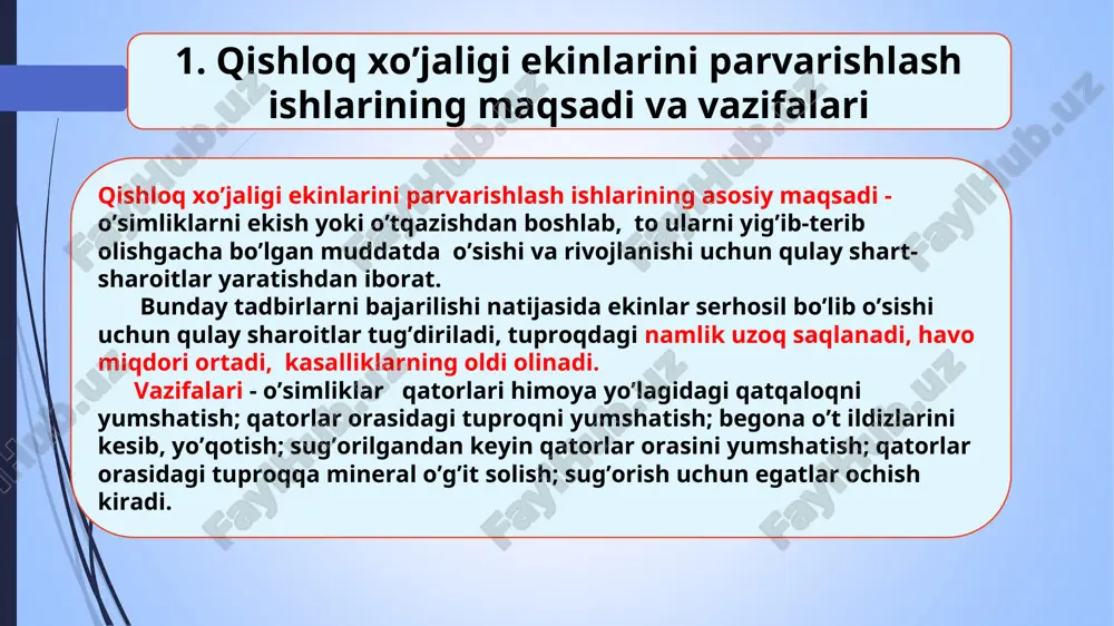 hisi 18-20, keyingilari 14-16sm 32,4 32,9 4. kultivatsiya va chuqur yumshatish chuqurligi birinchisi 12-14, ikkinchisi 18-20, keyingilari 12-14 sm birinchisi 14-16, ikkinchisi 22-25, keyingilari 14-16sm 32,6 33,3 maqbul muddatda kultivatsiya o’tkazishni paxta hosiliga ta’siri paxta hosili, ts/ga kultivatsiya kechiktirib o’tkazish natijasida hosildorlikni pasayishi, ts/ga maqbul muddatda, ya’ni yer yetilganda o’tkazilganda 4-6 kunga kechiktirib o’tkazilganda ts/ga % 20.5 15.1 5.4 26.4 29.5 22.3 7.2 25.2 34.1 27.6 6.5 19.1 o’simliklar qator orasiga ishlov berish samaradorligini oshirish 1) qatorlar oralig’iga ishlov berish har bir ekin ildizining rivojlanish xususiyatlarini e’tiborga olgan holda agrotexnik talablarga mos ravishda bajarilishi kerak. ekinlar ildizlariga zarar keltirmaslik uchun, qatorlar orasidagi tuproq har xil chuqurlikda yumshatish kerak, ya’ni g’o’za tuplari atrofida sayozroq, qator o’rtasini esa chuqurroq ishlov berish foydali bo’ladi. 2) kultivator ishchi qismlarini agrotexnik talablarga mos o’rnatish kerak. masalan, ekin niholiga yaqin ishlov berish chuqurligi talabga ko’ra 5-6 sm o’rniga 15-18 sm chuqurlikda ishlov berilsa, begona o’tlar ikki …