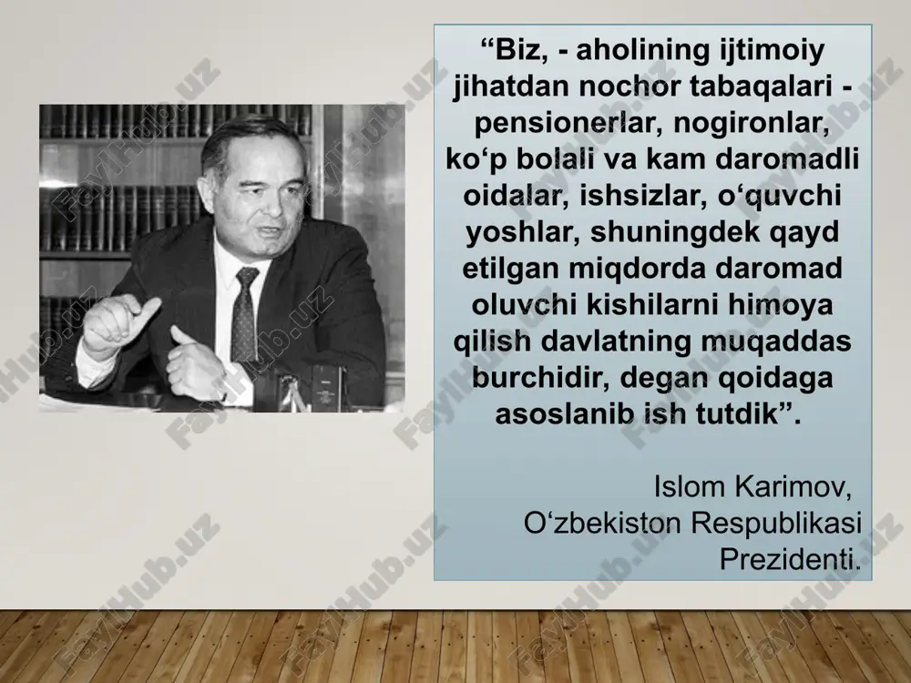isbatan 2,6 barobarga o‘sdi. milliy valyuta joriy etilgach, islohotlar birinchi bosqichining oxirlariga kelib (1995-yil), oziq-ovqat mahsulotlarini meyorlangan tarzda sotishdan butunlay voz kechish va erkin narxlarga o‘tish imkoniyati tugildi. 120403 nafar o‘qituvchining davlat va tashkilotlar tomonidan berilgan uylari bepul xususiylashtirildi, 35841 kishiga shaxsiy qurilish uchun yer uchastkasi berildi, 489256 nafar o‘qituvchi imtiyozli kommunal xizmatdan foydalandilar, 83353 nafar o‘qituvchi shahar transportidan bepul foydalandi. yolg‘iz pensionerlarni turar-joy va kommunal xizmatlar uchun haq to‘lashdan ozod etish to‘g‘risida qaror qabul qilindi. ular dori-darmonlar va eng zarur mollarni belgilangan meyorda bepul olish va jamoat transportida tekin yurish huquqidan foydalanadilar. ularga madad berish uchun respublikada maxsus ijtimoiy yordam bo‘limlari tuzildi. bu bo‘limlar yolg‘iz pensionerlar va nogironlarning uyida ijtimoiy-maishiy xizmat ko‘rsatishni uyushtirmoqda. 1994-yilga kelib o‘zbekistonda aholini ijtimoiy himoyalash tizimi tubdan o‘zgartirildi, ijtimoiy ko‘mak berishning mutlaqo yangi ilg‘or tizimi shakllantirildi. bu tizimning mohiyati shundan iboratki, mamlakatimizning kelajagi hisoblanmish bolalar va kam daromadli oilalar bu yordamdan bahramand bo‘luvchi asosiy kishilar …