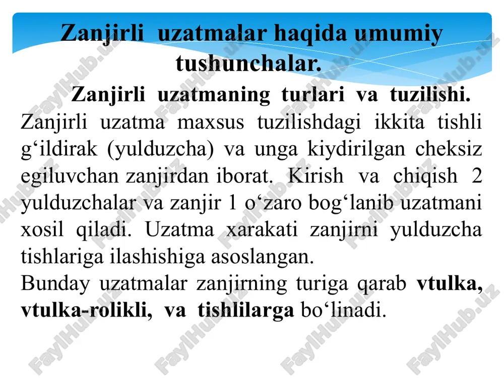 ti: zanjirni tezligi yulduzcha bo‘luvchi diametrining aylana tezligiga teng bo‘ladi: image2.png image3.png image4.png image5.png image6.png image7.png image8.png image9.png image10.jpeg image11.png image12.png image13.wmf image14.wmf oleobject1.bin oleobject2.bin 1 2 2 1 z z n n u = = 3 z 10 60 p z n v × = /docprops/thumbnail.jpeg