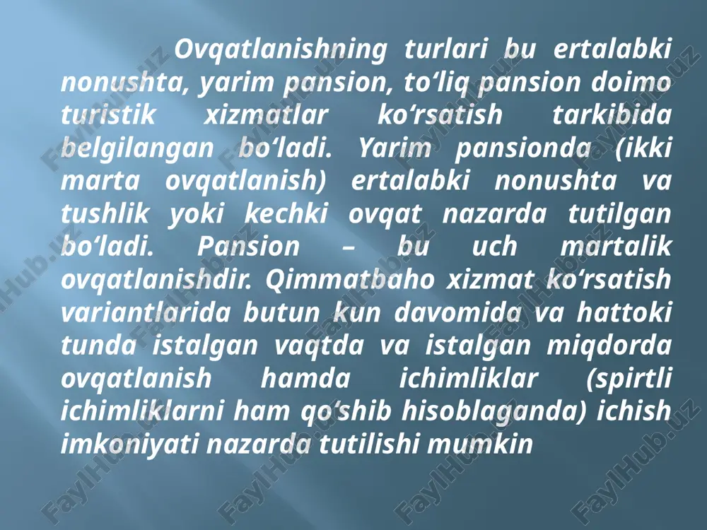 erishi, xizmat ko‘rsatiladigan shaxslarga zallarda boshqa sharoitlar yaratishi zarur; shaxsiy gigiyena, tashqi ko‘rinish restoran kategoriyalariga javob berishi kerak. ovqatlanish sohasida taom va ichimliklarni o‘rnatilgan sertifikatsiya va standartlar asosida va belgilangan narxlarda iste’molchilarga yetkazish asosiy talablardan biridir. 8.2. turizm sohasida ovqatlantirish turlari va tasnifi hozirgi iqtisodiy modernizatsiyalash jarayonlari amalga oshirilayotgan bir paytda iqtisodiyotning asosiy qismini xizmat ko‘rsatish sohasi korxonalari egallamoqda. ularning ulushi yalpi ichki mahsulotda, iqtisodiyotda band bo‘lganlarning tarkibida, davlat byudjetiga to‘lanadigan soliqlarda, yangi ish o‘rinlarini yaratish kabi eng muhim masalalarda muttasil oshib bormoqda va kelajakda ham bu jarayonning davom etishi huquqiy-me’yoriy hujjatlar bilan mustahkamlanmoqda. prezidentimiz tomonidan 2006-yilda e’lon qilingan, «o‘zbekiston respublikasida 2006–2010-yillarda xizmat ko‘rsatish va servis sohasini rivojlantirishni jadallashtirish chora-tadbirlari to‘g‘risida»gi qarorida belgilangan vazifalarni amalga oshirish xizmat ko‘rsatish sohasi, jumladan, umumiy ovqatlanish sohasini, uning faoliyati, turizm sohasidagi o‘rni va ahamiyati bo‘yicha tadqiqotlar olib borish, soha taraqqiyotining konseptual yo‘nalishlarini ishlab chiqishni taqozo etadi. shuningdek, xizmat ko‘rsatish sohasi rivoji xalqimiz farovonligining oshishiga …