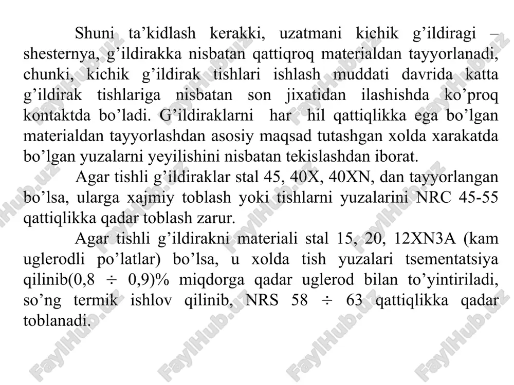 tishlarning yemirilishi va ularning ishlash qobiliyatini mezonlari kuchlanishlarning o’zgaruvchi tsikl bilan ta’sir etishi, tishlarning toliqishdan yemirilishga olib keladi. ikki xil yemirilish mavjud: tish sirtlarining yemirilishi va tishlarni sinishi. ishga qobiliyatli uzatmaning xamma tishlari butun va sinmagan bo’lishidan tashqari, ularni sirtlari xam yemirilmagan bo’lishi shart. shunday qilib, tishli uzatmalarning ishga qobiliyatli bo’lishini eng asosiy omillari va mustaxkamlilikka xisoblashda, tish sirtlarini yemirilmaganligi va tishlar sinishligi xisoblanadi. bu mezonlarni mukammal ko’rib chiqamiz. tish sirtlarini yemirilishiga kontakt kuchlanish va ishqalanish sabab bo’ladi. tishlar sirtining yemirilishi deganda quyidagilar yani: toliqish oqibatida uvalanib ketishi, abraziv zarrachali muxitda yemirilishi va yulinib ketishi tushuniladi. toliqish oqibatida uvalanib ketishi yopiq sermoy sharoitda ishlaydigan g’ildiraklarda sodir bo’ladi. uvalanib ketishni asosiy sababi, texnik imkoniyati chegarasidan chiqib ketishi, uzatmaning ishlash tartibinibuzilishi (yuklanish ortib ketishi xollari, qizib ketishi) xisoblanadi. bunday xollarda tish sirtining toliqishi oqibatida uning sirtidan mayda zarrachalar uvalanib chiqadi va ayrim nuqtalarida bilinar-bilinmas darzlar paydo bo’ladi, bora-bora bu darzlar kattalashib chiziqchalar …