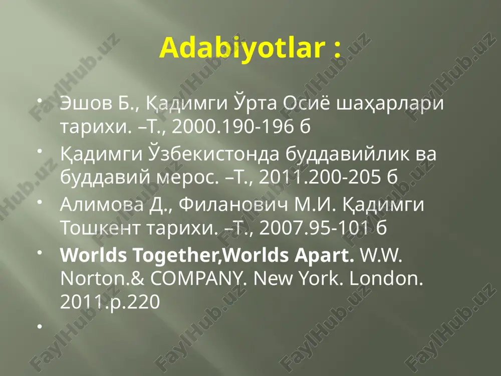 yatiga oid mozor-qo`rg`on. qovunchi madaniyati. qovunchi madaniyatiga oid mozor-qo`rg`on. mil.avv. ii asrning ikkinchi yarmida o’rta osiyoning shimoli–sharqidan ko’chmanchi yuechji (tohar) qabilalari kirib keladi. ular baqtriya hududa kushonlar davlatiga asos solganlar. qadimgi farg’ona hududida davan davlati, sug’d hududlari qang’ davlati tarkibida bo’lgan. mil.av іі-mil. і asrlarda qang’ davlati yanada rivojlandi. qang’ ning markazi choch bo’lib, bu erda poytaxt shahar qanqa (kangdiz) joylashgan edi. kadimgi choch hududida antik davrga mansub 97 ta yodgorlik topilgan bo’lib, shulardan 23 tasi shahar harobasidir. qanqa toshkent viloyatining oqqo’rg’on tumani hududida ohangaron daryo hududida joylashgan. mil.avv. iii- mil. xii asrlarga oid. qanqa xitoy yozma manbalarida bityan, o’rta asrlarda harashkent nomi bilan atalgan. dastlab 1898 yilda turkiston arxeologiya havaskorlar to’garagi a’zolari tomonidan topilgan. xx asrning 60-70 yilllarida tadqiqot ishi olib borildi. qanqa to’g’ri to’rtburchak shaklida qurilib, umumiy maydoni 200 ga. bir necha qator mudofaa devori va xandaklar bilan o’ralgan. shahar ark, uchta shahriston va rabotdan iborat. mil. xii …