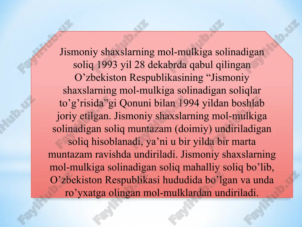 ni etishtirish va saqlash, shuningdek, ipak qurti etishtirish uchun berilgan ko'chmas mulk ob'ektlariga nisbatan tadbiq etilmaydi. soliqni to'lash to'g'risidagi to'lov xabarnomasi soliq organlari tomonidan soliq to'lovchilarga imzo qo'ydirilgan holda yoki mavjud bo'lgan taqdirda, soliq to'lovchining shaxsiy kabinetiga elektron tarzda, soliq to'lovchining nomiga rasmiylashtirilgan uyali telefon raqamiga va soliq organlarining maxsus mobil ilovasiga sms xabarnoma tarzida, shuningdek to'lov xabarnomasi olinganligini va olingan sanani tasdiqlovchi boshqa usulda har yili 1 martdan kechiktirmay topshiriladi. jismoniy shaxslar bo'yicha soliq kodeksining 412-moddasi soliq bazasi mol-mulkga solinadigan soliq bazasini aniqlashda 1 kv.m uchun o'rnatilgan minimal qiymat indeksatsiya qilindi. hudud 2023 2024 farqi summasi % toshkent shahri 2,5 3 0,5 120 nukus shahri va viloyat markazlari 1,5 2 0,5 133 boshqa shaharlar va qishloq joylar 1 1,2 0,2 120 mln.so'm jsh mol-mulk solig'i stavkalari sk 422-modda ko’chmas mulkka bo’lgan huquqlarni davlat ro’yxatidan o’tkazishni amalga oshiruvchi organlar tomonidan ro’yxatga olinmagan yangi qurilgan uy-joylarga nisbatan soliq stavkasi ko’chmas mulkka …