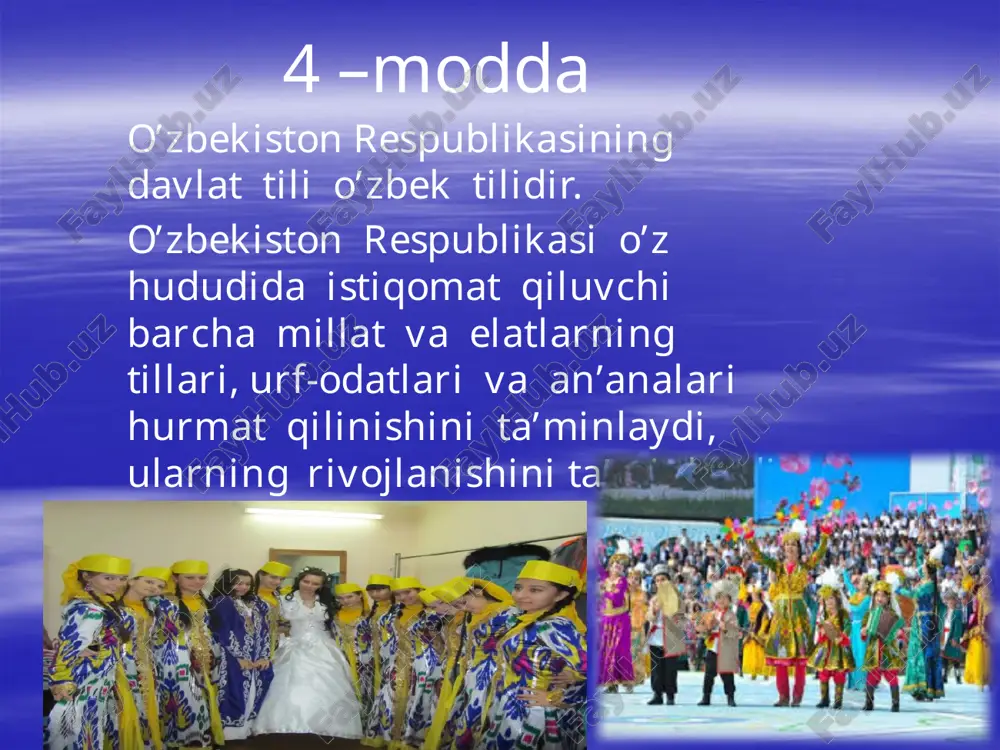 r, ulardan oqilona foydalanish zarur va ular davlat muhofazasidadir. 63-modda oila jamiyatning asosiy bo’g’inidir hamda jamiyat va davlat muhofazasida bo’lish huquqiga ega. nikoh tomonlarning ixtiyoriy roziligi va teng huquqligiga asoslanadi. 64-modda ota-onalar o’z farzandlarini voyaga yetgunlariga qadar boqish va tarbiyalashga majburdirlar. davlat va jamiyat yetim bolalarni va ota-onalarining vasiyligidan mahrum bo’lgan bolalarni boqish, tarbiyalash va o’qitishni ta’minlaydi , bolalarga bag’ishlangan hayriya faoliyatlarni rag’batlantiradi 65-modda farzandlar ota-onalarning nasl-nasabidan va fuqarolik holatidan qat’iy nazar, qonun oldida tengdirlar. onalik va bolalik davlat tomonidan muhofaza qilinadi 66-modda voyaga yetgan, mehnatga layoqatli farzandlar o’z ota-onalari haqida g’amxo’rlik qilishga majburdirlar. 72-modda o’zbekiston respublikasi qonunlari qoraqalpog’iston respublikasi hududida ham majburiydir bayramingiz muborak bo'lsin, aziz yurtdoshlar! image2.jpeg image3.jpeg image4.jpeg image5.jpeg image6.jpeg image7.jpeg image8.jpeg image9.jpeg image10.png image11.jpeg image12.jpeg image13.jpeg image14.jpeg image15.jpeg image16.jpeg image17.png image18.jpeg image19.jpeg image20.png image21.jpeg image22.jpeg image23.jpeg image24.jpeg image25.jpeg image26.jpeg image27.jpeg image28.jpeg image29.jpeg image30.jpeg image31.jpeg image32.jpeg image33.jpeg image34.jpeg image35.jpeg image36.png image37.jpeg image38.jpeg image39.jpeg image40.jpeg image41.jpeg image42.jpeg image43.png …