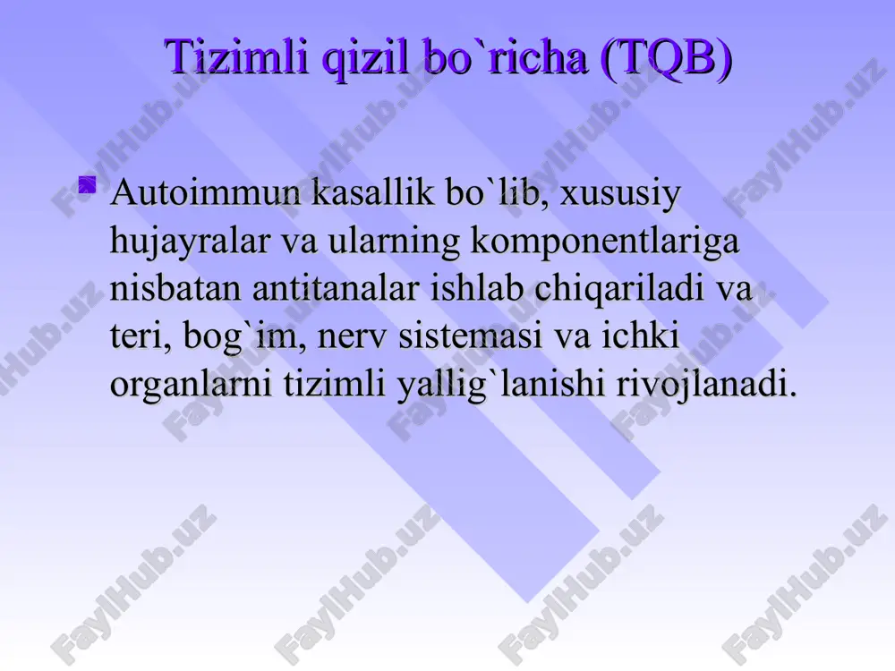 . gematologik buzilishlar. dorilar qabul qilish bilan bog`liq b¢lmagan gemolitik anemiya, leykopeniya (leykositlar 4*10^9/l dan kam), limfopeniya (limfositlar 1,5*10^9/l dan kam), trombositopeniya (100*10^9/l dan kam). 10.immun buzilishlar. le-xujayraga test musbat. tabiiy dnk va rnkga qarshi antitanalar titri yuqori. 6 oy davomida sifilisga immobilizasiya reaksiyasi yoki flyuoressensiyalangan antitreponema antitanalarini absorbsiya testlariga yolgon musbat reaksiya. 11. antinuklear antitana. immunoflyuoressensiya yoki boshqa testlarda ana titrining yukoriligi. tqb da patologik jarayon faolligining klinik va laborator xarakteristikasi ko'rsatkich faollik darajasi iii ii i tana temperatura 38°s va undan yuqori 38°s dan past me'yorida ozib ketish ifodalangan o'rtacha bir oz trofika buzilishi ifodalangan o'rtacha o'rtacha/bir oz teri zararlanishi «kapalaksimon eritema, kappilyaritlar nospetsifik eritema diskoid o'choqlar poliartrit o'tkir, o'tkir osti o'tkir osti deformatsiya artralgiyalar perikardit ekssudativ quruq adgeziv miokardit ifodalangan o'rtacha kardioskleroz libman - saks endokarditi ifodalangan o'rtacha mitral qopqoq etishmovchiligi plevrit ekssudativ quruq adgeziv diffuz glomerulo-nefrit nefrotik sindrom aralash tipda peshob sindromi asab tizimi zararlanishi entsefalo-radikulo-nevrit …