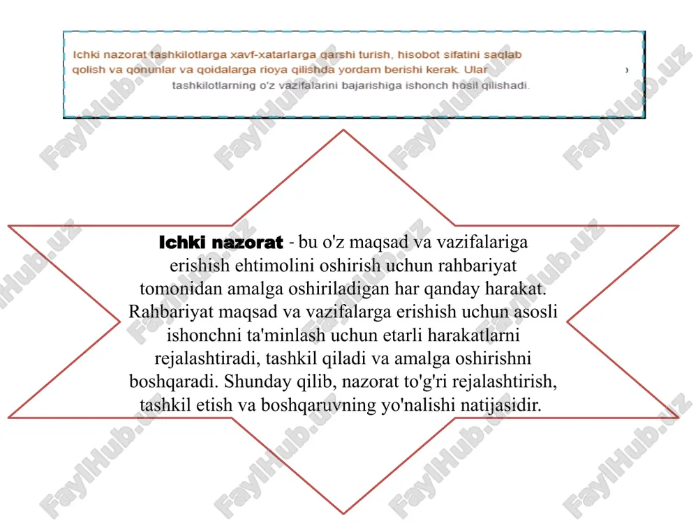 lar ichki tekshirish tashqi audit sabab ichki audit - bu qiymat qo'shish va tashkilot faoliyatini yaxshilashga qaratilgan faoliyat. tashqi audit auditorlarga moliyaviy hisobotlar yuzasidan fikr bildirish imkonini beruvchi mashqdir. hisobot ichki audit direktorlar kengashiga yoki boshqaruv vakolatiga ega bo'lgan boshqa shaxslarga, masalan, audit qo'mitasiga hisobot beradi. tashqi auditorlar aktsiyadorlar yoki kompaniya a'zolariga direktorlarning etakchilik roli to'g'risida hisobot beradilar. bog'liq bo'lgan ichki auditning ishi tashkilot faoliyati bilan bog'liq. tashqi audit ishi moliyaviy hisobot bilan bog'liq. ularni asosiy moliyaviy hisobotlar qiziqtiradi. kompaniya bilan munosabatlar ichki auditorlar ko'pincha tashkilot xodimlaridir, garchi ba'zida ichki audit funktsiyasi autsorsingga topshiriladi. tashqi auditorlar kompaniya va uning rahbariyatidan mustaqildir. ular aktsiyadorlar tomonidan tayinlanadi. ichki audit - bu boshqaruv nazorati, chunki boshqa ichki nazoratning qoniqarli ishlashini ta'minlash uchun foydalaniladigan vositadir. audit izi - bu kompyuter tizimiga kimning ruxsati borligi va ular qanday operatsiyalarni bajarganligini ko'rsatadigan yozuv. audit jurnallari xavfsizlikni ta'minlash va yo'qolgan tranzaksiyalarni tiklash uchun foydalidir. buxgalteriya hisobi dasturiy …