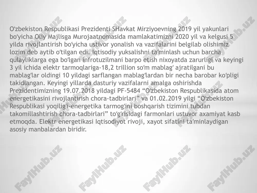 tarmoqlari, hududlar va aholini uzluksiz elektr energiyasi bilan ta'minlab, atrof-muhitga chiqarilayotgan zararli chiqindilarni kamaytirish imkonini beradi. foydalanilgan adabiyotlar: kun.uz “o‘zbekiston elektr energiya tizimiga qachon asos solingan?” shams.uz . “o’zbekiston energetikasi haqida ma’lumot” https//uz.m.wikipedia.org . “energetika” arxiv.uz . “o’zbekiston elektr energetika sohasining rivojlanish istiqbollari” image1.png image2.png /docprops/thumbnail.jpeg