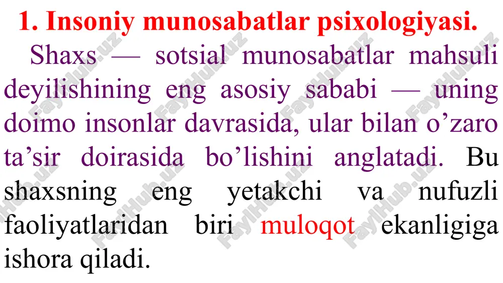 tni emas, balki professional, bilimdonlik asosidagi muloqotni talab qiladi. umuman, xxi asrning korporasiyalar asri bo’ladi, deb bashorat qilayotgan iqtisodchilar ham bu korporasiya insonlarning o’zaro til topishlariga qaratilgan malakalarning rivojlangan, mukammal bo’lishi haqida gapirmoqdalar. undan tashqari, bu kabi korporativ aloqa ko’p hollarda bevosita yuzma-yuz emas, balki zamonaviy texnik vositalar — uyali aloqa, fakslar, elektron pochta, internet kabilar yordamida aniq va lo’nda fikrlarni uzatishni nazarda tutadi. bu ham o’ziga xos muloqot malakalarining ataylab shakllantirilishini taqozo etadi. uchinchidan, oxirgi paytlarda shunday kasb-hunarlar soni ortdiki, ular sosionomik guruh kasblar deb atalib, ularda «odam-odam» dialogi faoliyatning samarasini belgilaydi. masalan, pedagogik faoliyat, boshqaruv tizimi, turli xil xizmatlar (servis), marketing va boshqalar shular jumlasidandir. bunday sharoitlarda odamlarning ataylab muloqot bilimdonligining oshirilishi mehnat mahsulini belgilaydi. shuning uchun ham muloqot, uning tabiati, texnikasi va strategiyasi, muloqotga o’rgatish (sotsial psixologik trening) masalalari bilan shug’ullanuvchi fanlarning ham jamiyatdagi o’rni va salohiyati keskin oshdi. 2. shaxslararo muomalaning shaxs taraqqiyotidagi o’rni. aslida har …